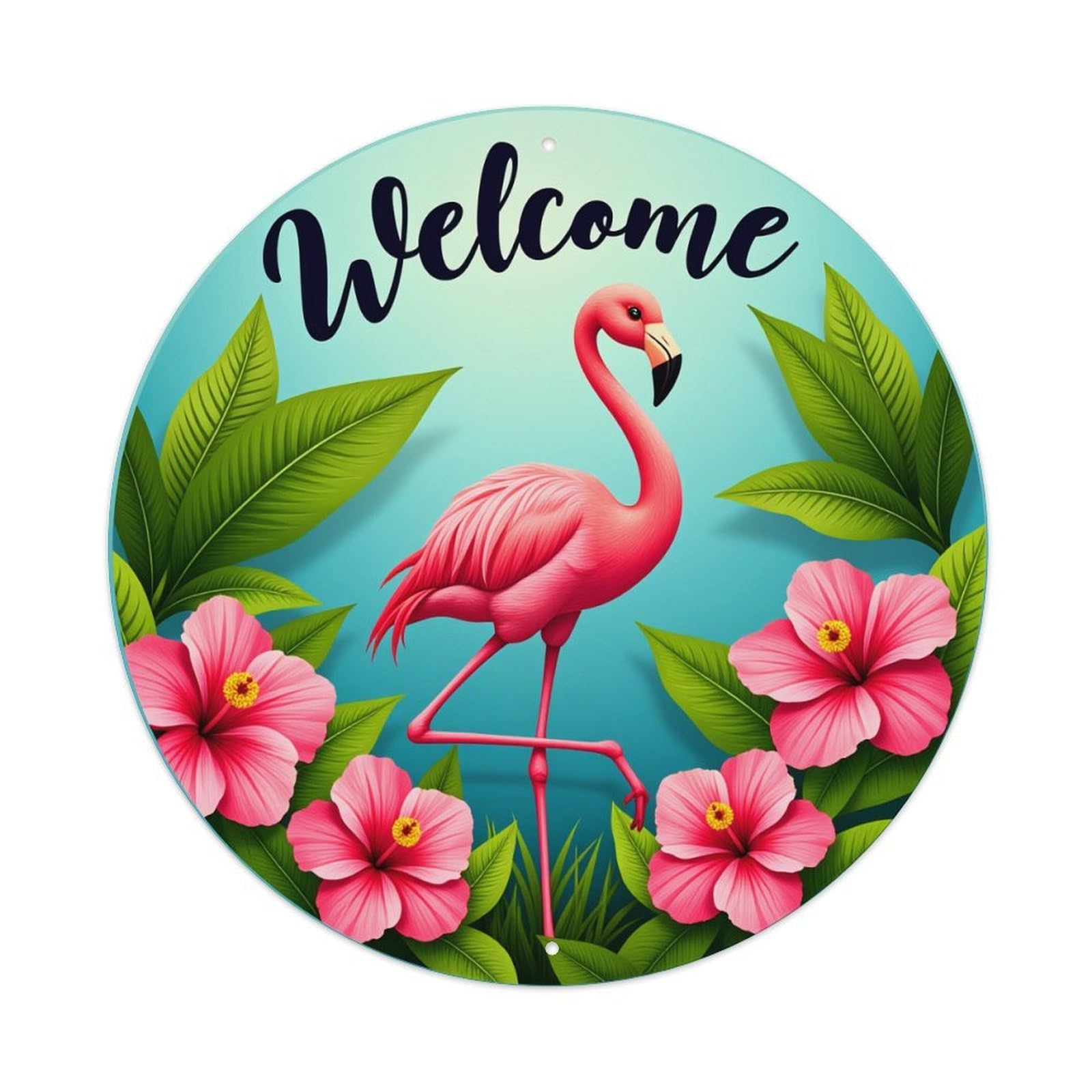 Flamingo Flowers Leaves Welcome Tropical Round Tin Sign Vintage Metal Poster, Home Bar Garage Man Cave Cafe Indoor & Outdoor Wall Decoration 8x8Inches