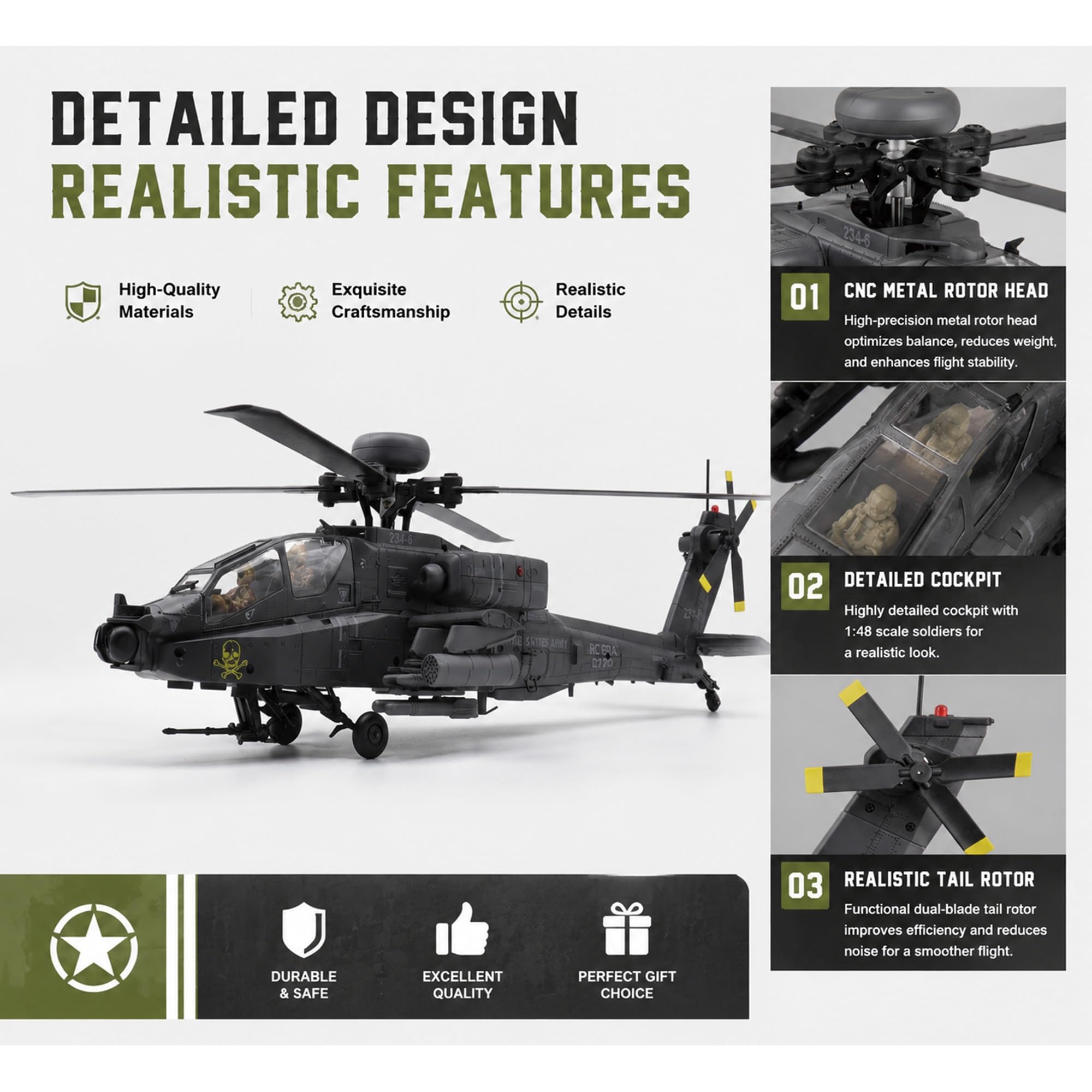 Elicottero RC C170 AH-64D scala 1/48 elicottero radiocomandato flybarless a 6 canali 2.4G con posizionamento a flusso ottico TOF mantenimento dell'altitudine 2 batterie - RTF(Gray)
