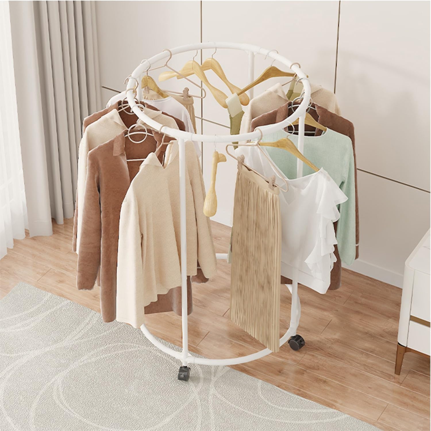 LRZPTDYU Freestanding White Metal Clothing Rack - Round Garment Display Stand for Retail Boutiques & Bedrooms Heavy Duty Clothes Organizer for Stylish Storage