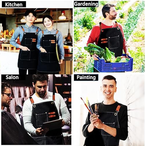 Miniatura 4 de USCHAILIQIANG Delantales para mujeres y hombres con bolsillos, 2 piezas, impermeable, para estilista, lino, barbacoa, herramienta de lona para