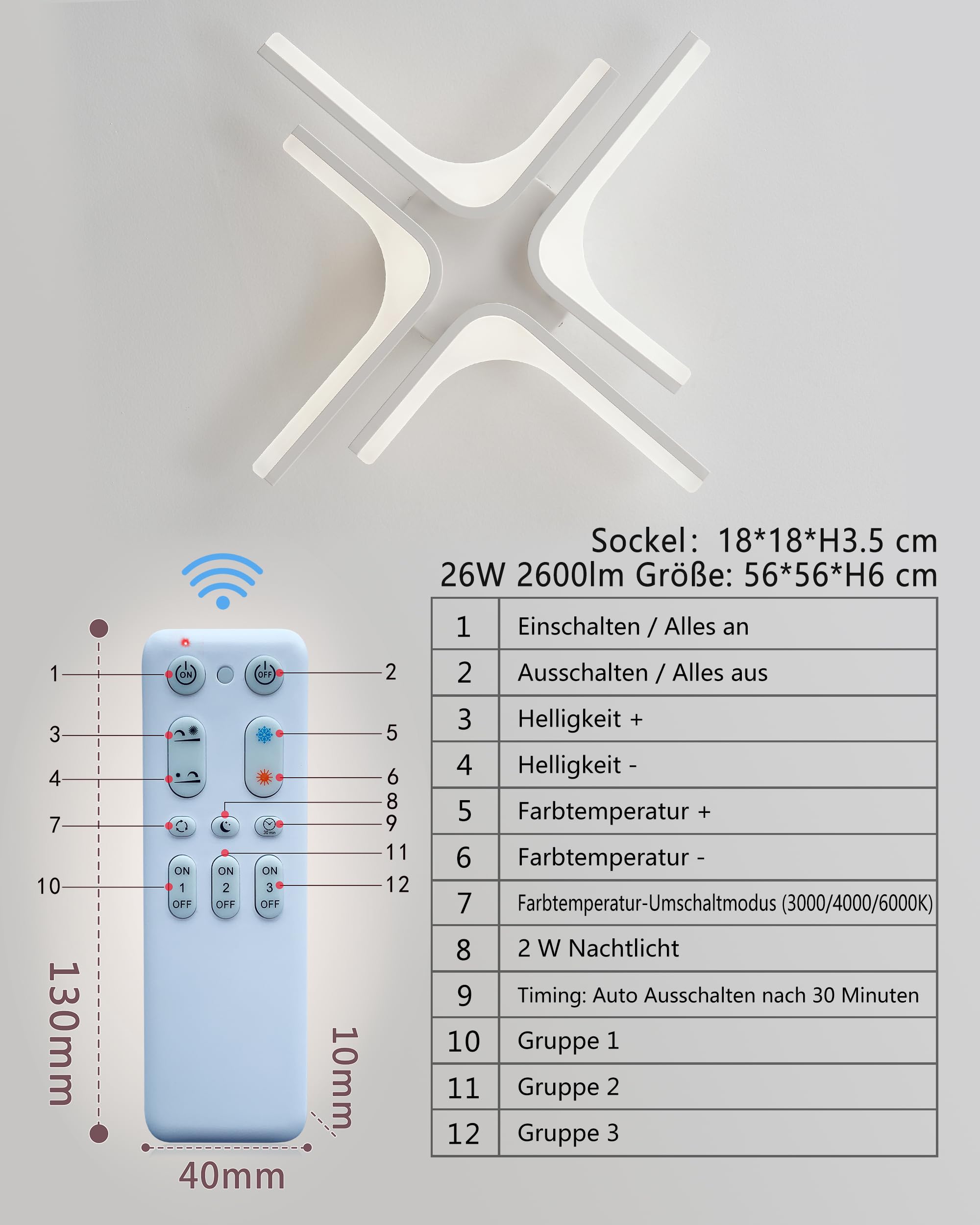 LED Deckenleuchte Dimmbar weiß Stern, 56cm 26W Farbtemperatur 3000-6000K, Helligkeit 10-100%, Mit Fernbedienung/Mobile APP, Für Schlafzimmer, Küche, Balkon, Flur, Mit Memory-Funktion, 2W Nachtlicht