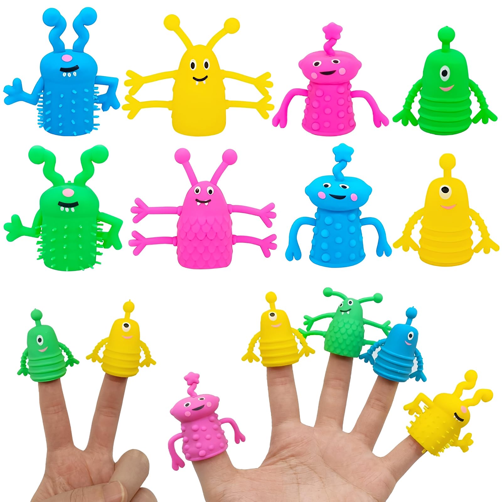PYRUVAE 16 Piezas Marionetas de dedo para regalos de cumpleaños infantiles, set de marionetas de dedo, peluche de monstruo extraterrestre para niños, regalos de Pascua y fiestas