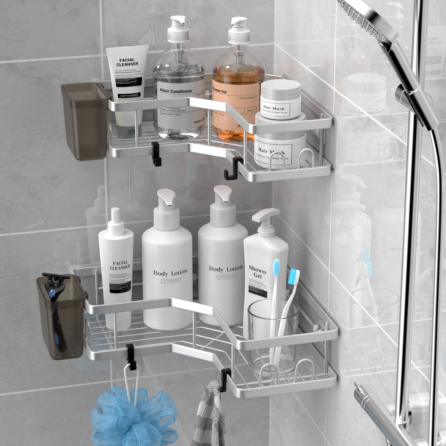 Photo 1 of **Similar item**
AKTECKE Corner Shower Caddy Shelf Rack: 2 Pack Adhesive Shower Organizer Essentials - No Drilling Stainless Steel Bathroom Storage Rack with Hooks and Toothpaste Holder