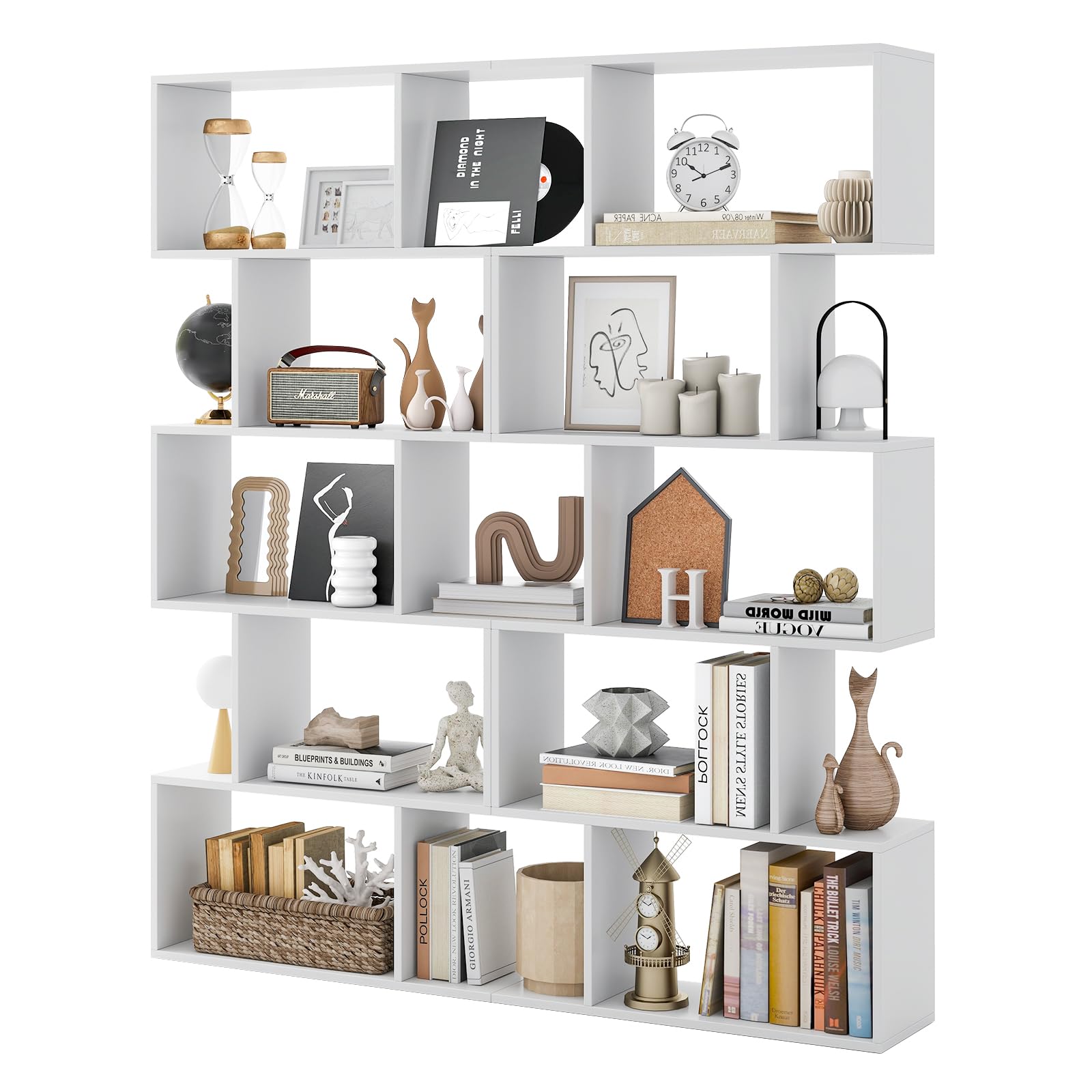 Giantex 5-Tier Geometric Bookshelf Set of 2, 62.5" Tall Wood S-Shaped Bookcase with Anti-Tipping Device, Floor Standing Display Book Shelf for Bedroom