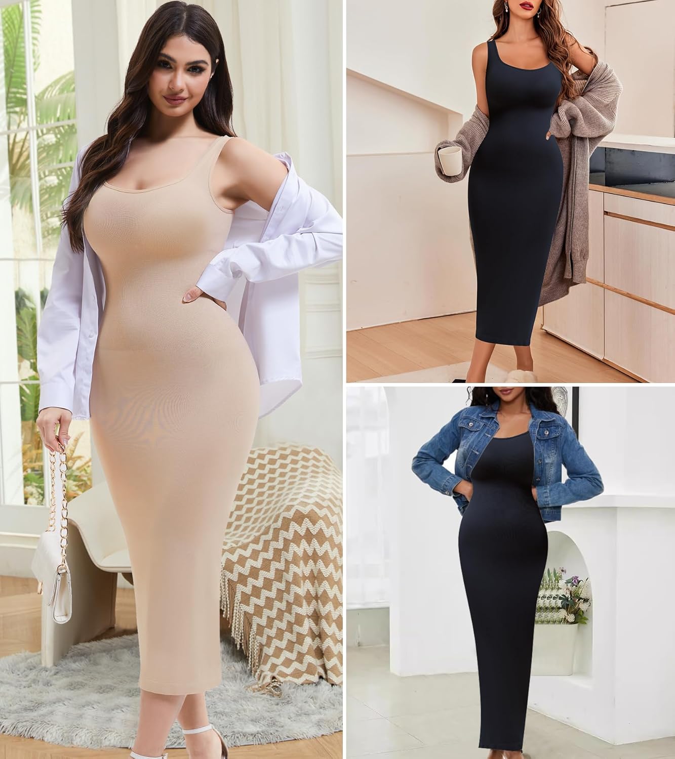 Shapewear Full Slip for Under Dresses, Tummy Control Slip Dress for Women, Square Neck Long Slimming Dress - Image 5