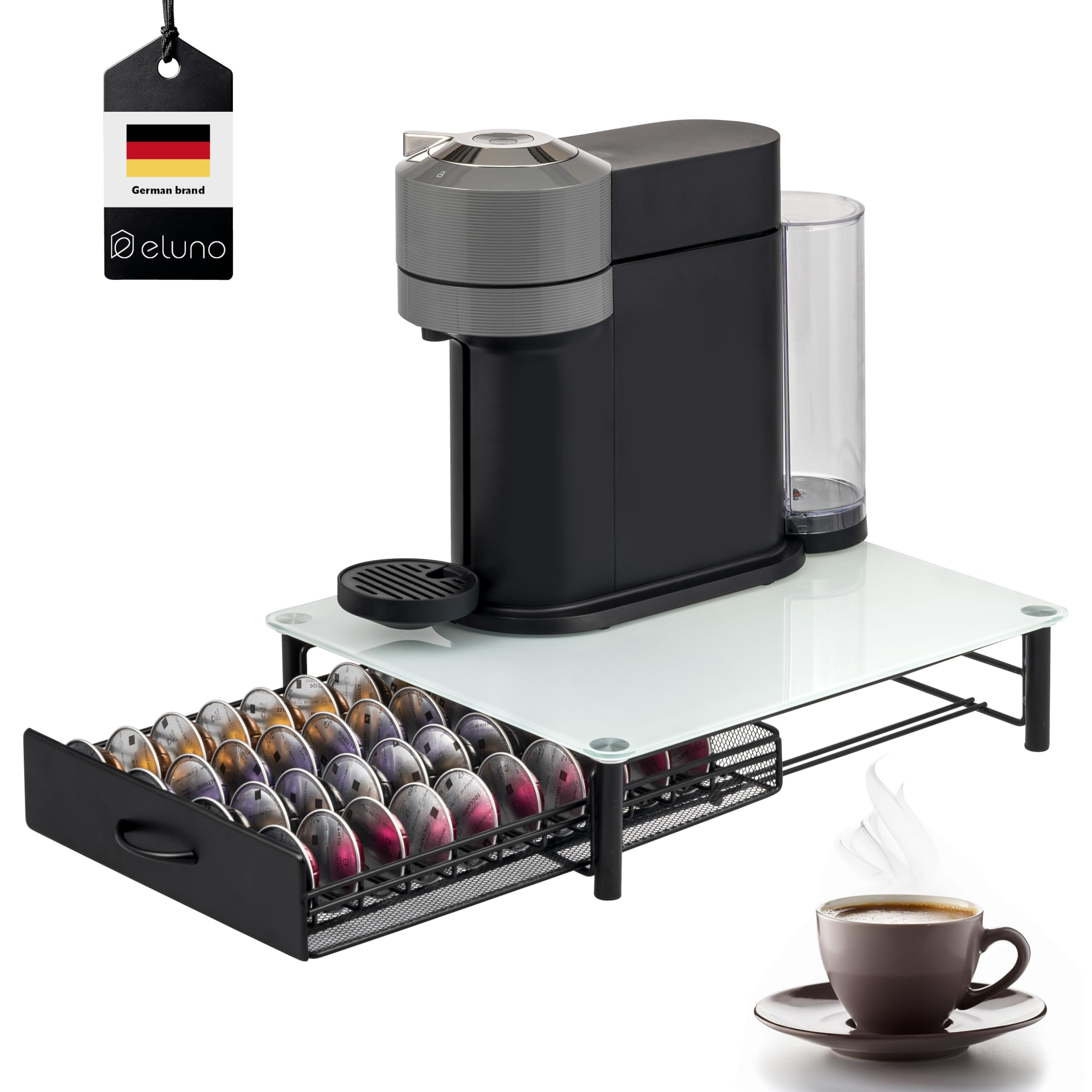 eluno Uchwyt na kapsułki do 40 x Nespresso Vertuo, pojemnik z szufladami, szklany stojak na maszynę, metalowy i szklany blat, pojemnik na kapsułki z kawą, dozownik kapsułek (biały)