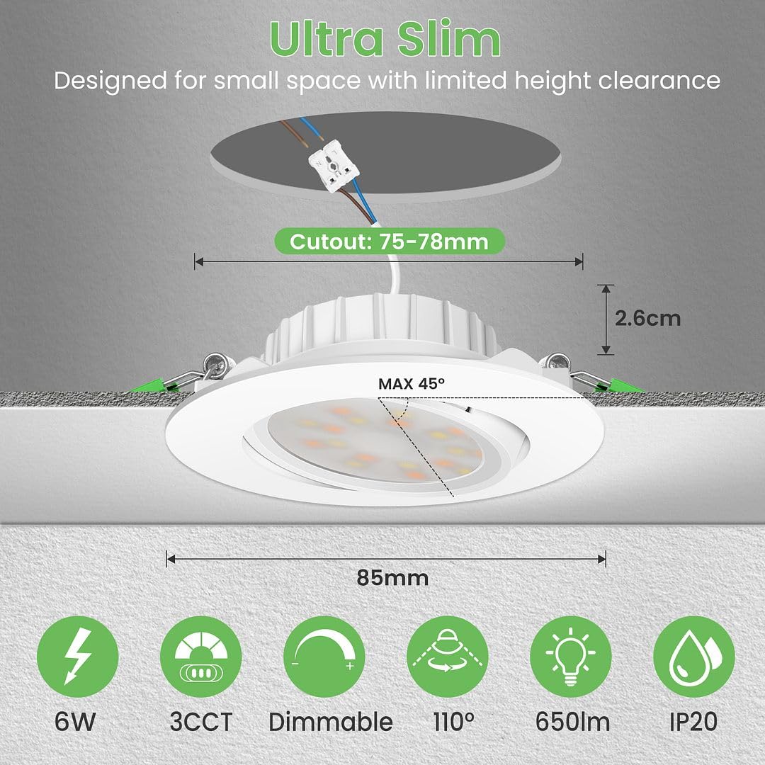 ALUSSO LIGHTING 12er Set LED Einbaustrahler 230V Flach Dimmbar Spots 6W 650lm mit Abnehmbar Modul, 3CCT Warmweiß Naturweiß Kaltweiß Schwenkbar Einbauspots 110° Abstrahlwinkel für Küche Wohnzimmer