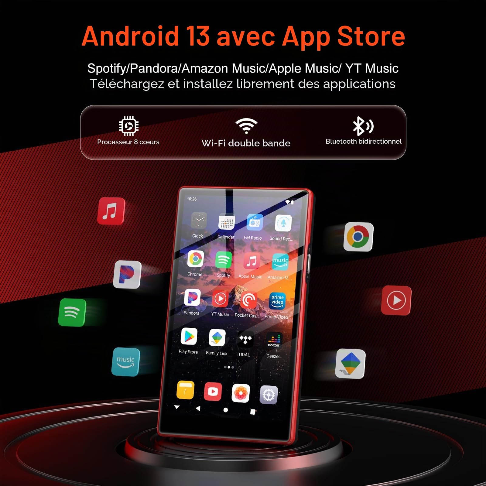 160Go Lecteur MP3 avec Bluetooth et WiFi, Oilsky 5" MP4 Player HD avec Spotify, Audible, Deezer, Lecteurs Musique Android 13 avec écran Tactile et Haut-Parleur (Noir)