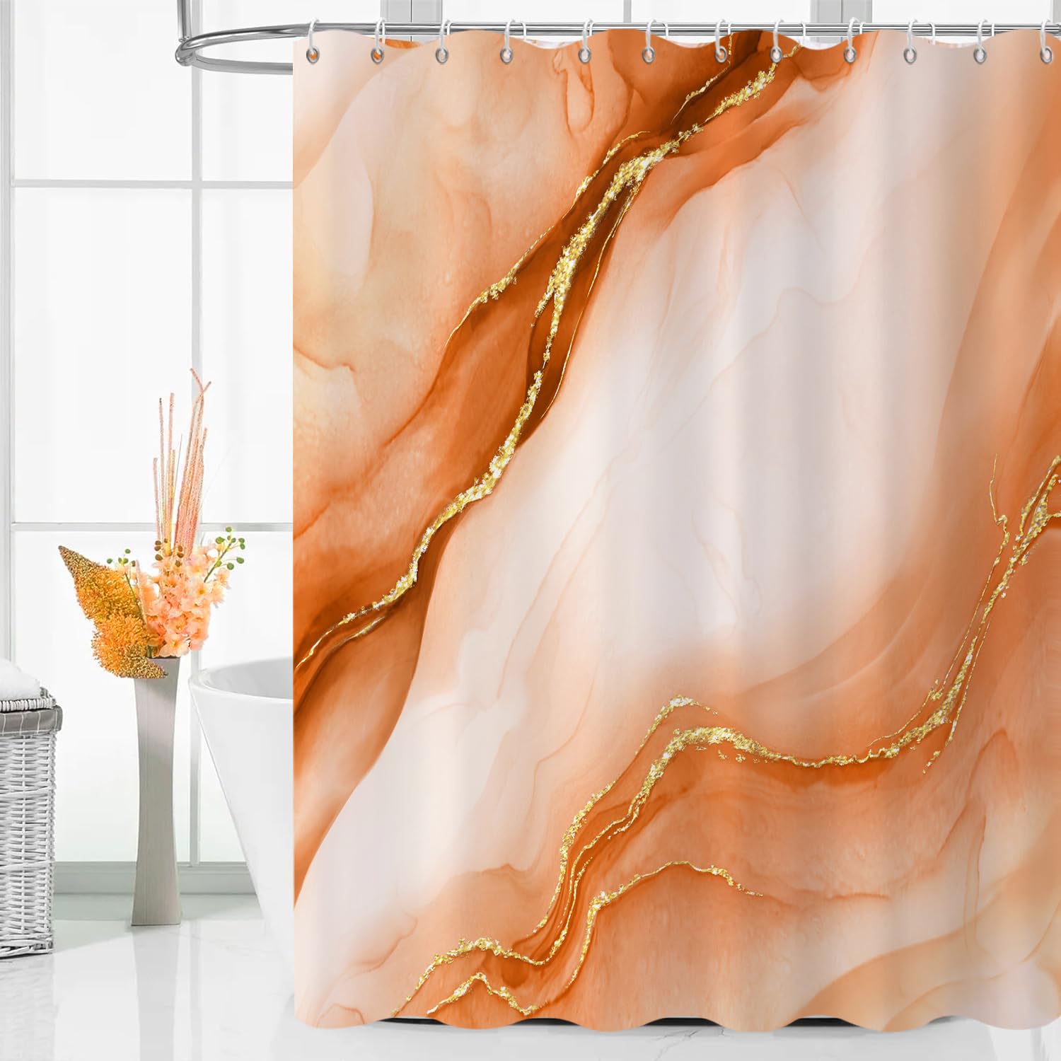Caheansi Burnt Orange Modern Abstract Shower Curtain, Burnt Orange Mix Gold Ombre Marble Texture Luxury Bathroom Curtain Waterproof Fabric Machine Washable with Hooks, 72" Wx72 L