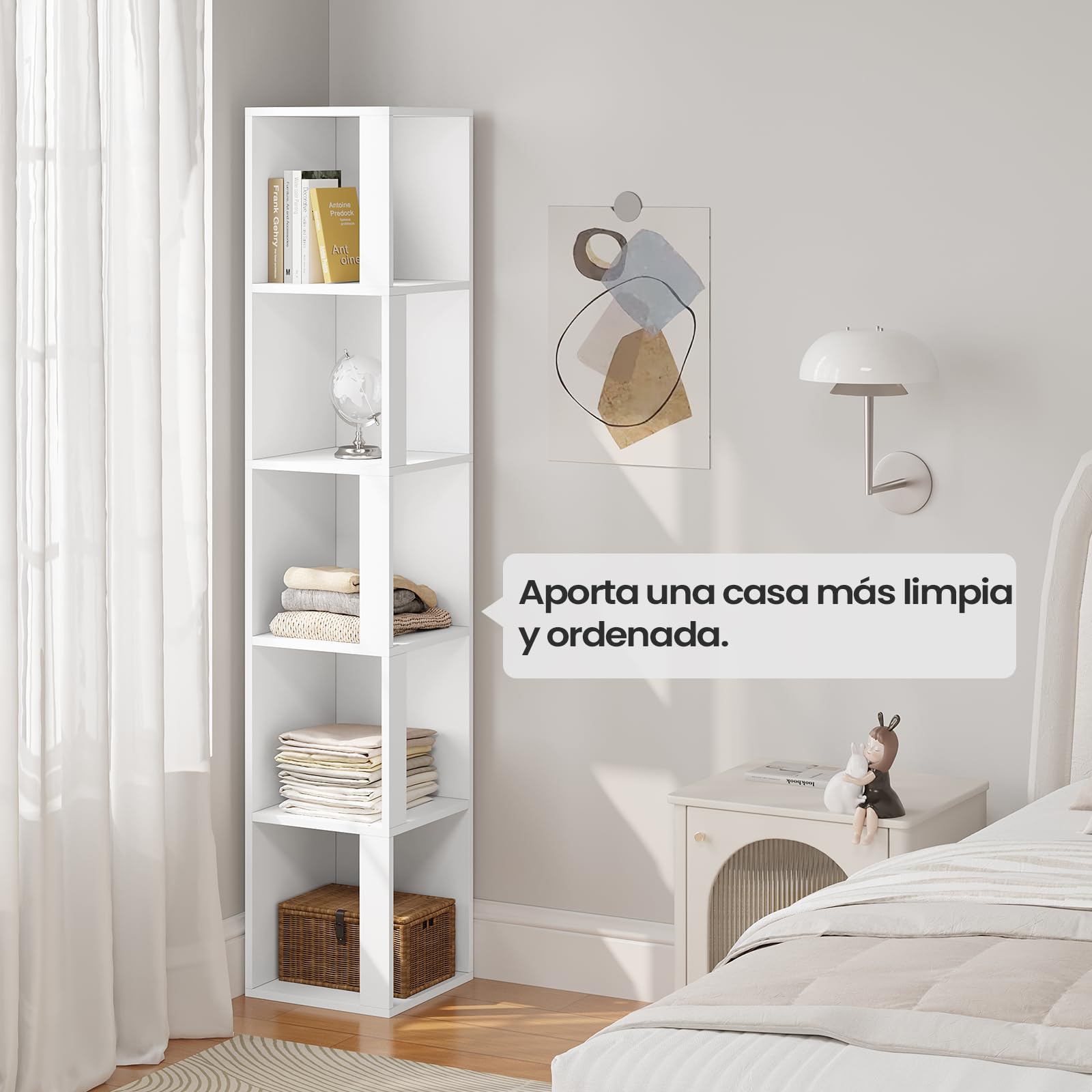 eSituro Libreria de 5 Niveles, Estanteria Vertical para Libros | Libreria Alta y Estrecha, Estanteria de Almacenamiento para Estudio, Oficina y Salón, Blanca, 30x159x30 cm