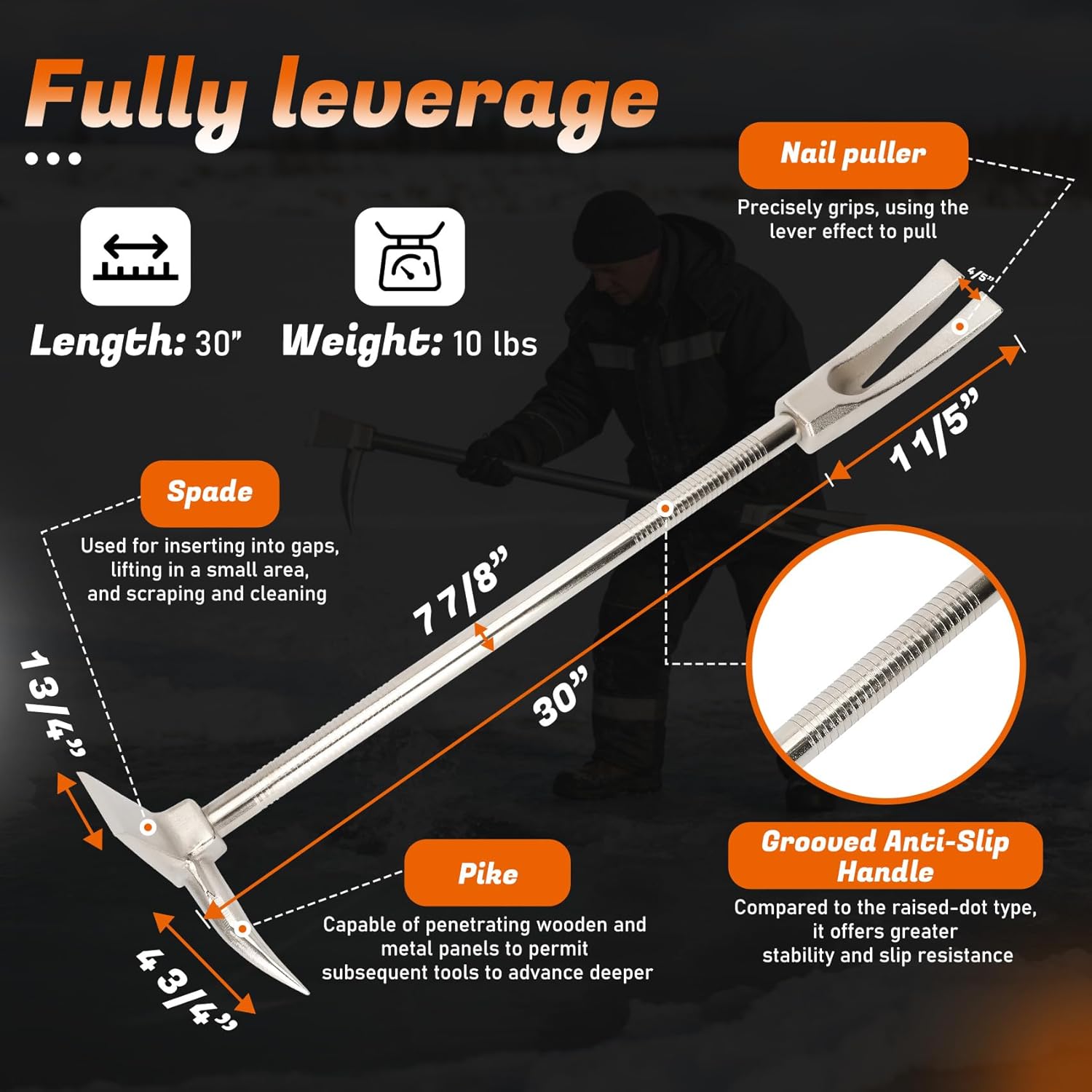 30 Inch Halligan Tool, 45 Grade Steel Halligan Bar for Fire Rescue and Emergency, Sandblasted Surface, Pike, Duckbill and Recessed Nail Puller 4-In-One, Non-Slip Grip, Forged Structure