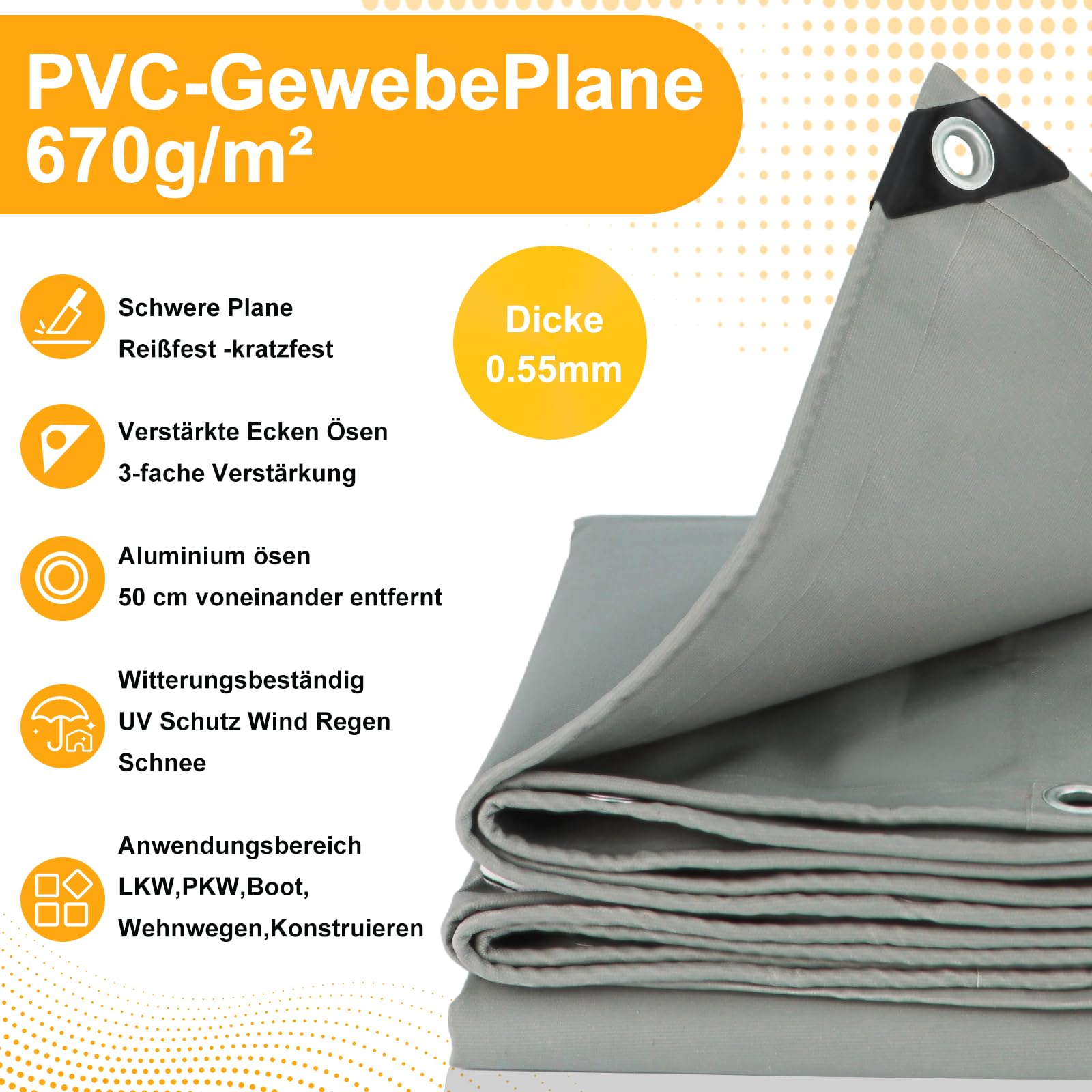 Szara plandeka okryciowa 670 g/m², plandeka do samochodów ciężarowych z oczkami, plandeka z tkaniny PCW, wodoszczelna, odporna na rozerwanie i promieniowanie UV, na łódź, ciężarówkę, przyczepę, basen