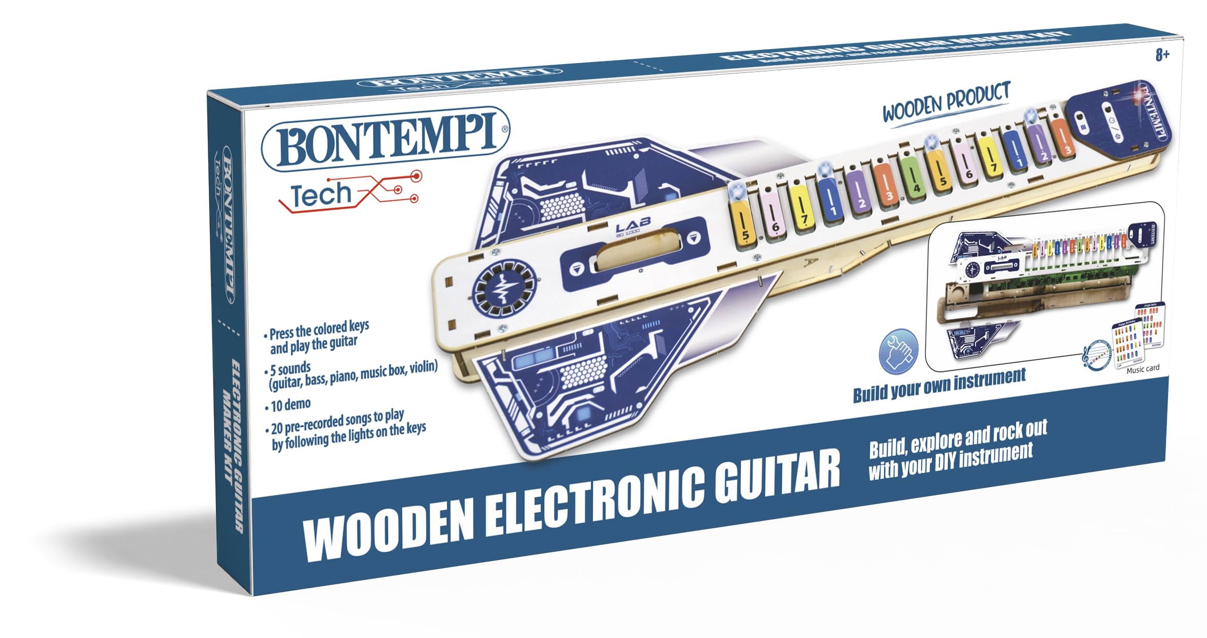 BONTEMPI - Kit di Montaggio Chitarra Elettronica con Componenti in Legno, Unità di Controllo Elettronica, Altoparlanti, 20 Brani Pre-Registrati, 5 Suoni, Volume Regolabile 165x415x50 mm