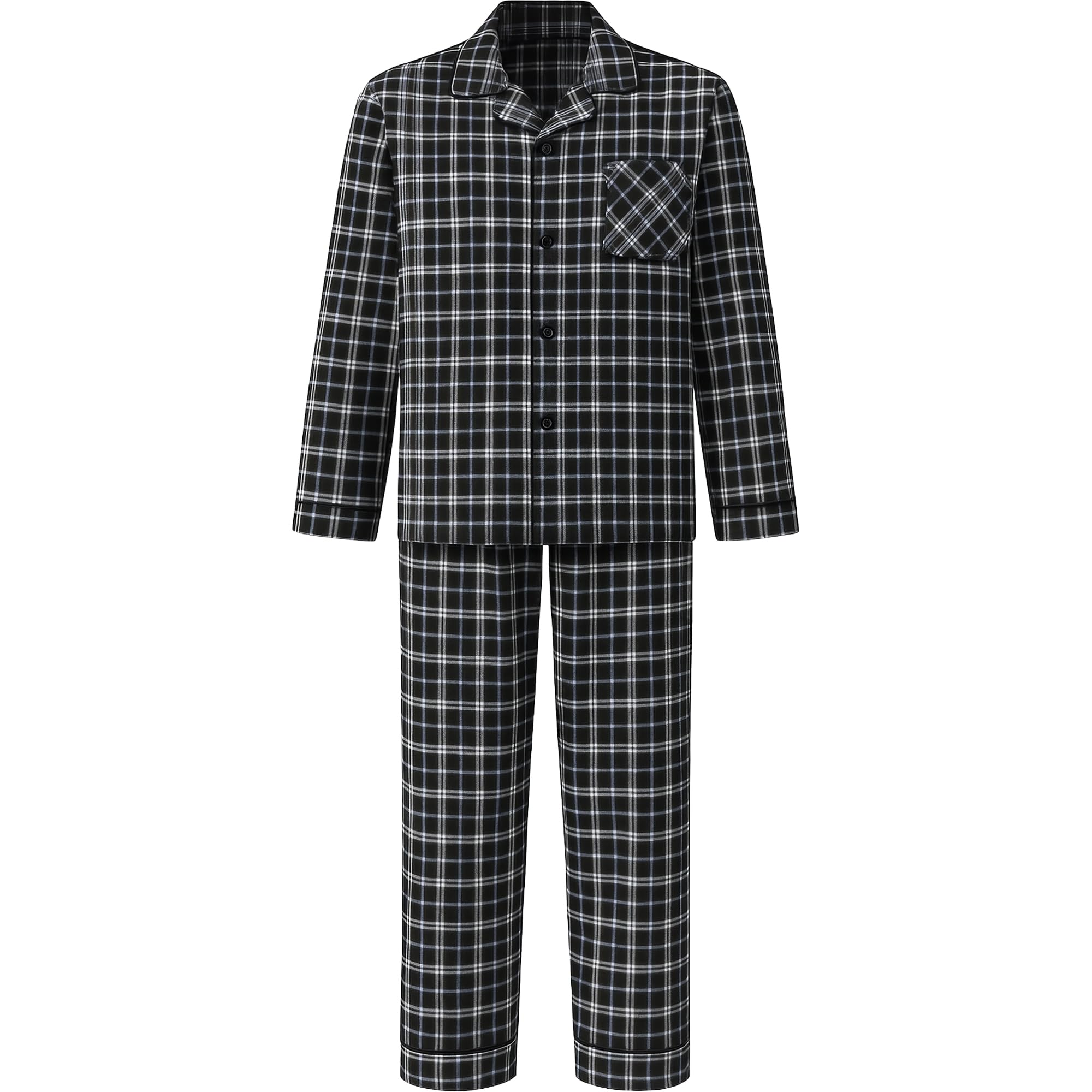 Mens Checked Pyjama Set Traditional Woven Sleeping Nightwear Top & Bottom Pyjamas Check Trousers & Shirt Set Pjs, Black, 5XL