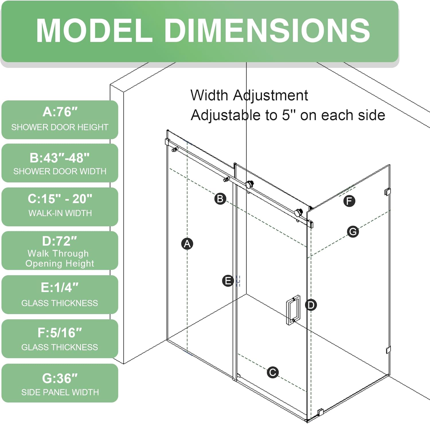 KPUY 43-48”W x 36" D x 76" H Sliding Coner Shower Enclosure, Frameless Shower Enclosure with Explosion-Proof Film Nano Coating, Matte Black