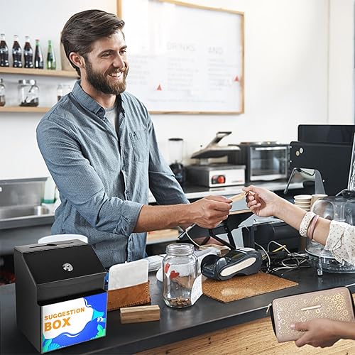 Miniatura 7 de LINSIRON Caja de sugerencias magnética con funda magnética, caja de sugerencias con candado y 50 tarjetas de sugerencia gratis, caja de metal negro,