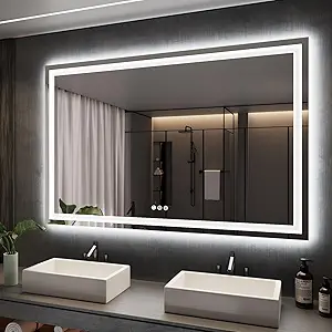 ISKM 66''L x 40''W LED Mirror for Bathroom Lighted Vanity Mirror for Wall Front Lights + Backlit LED Bathroom Mirror Anti-Fog Tempered Glass ETL Listed