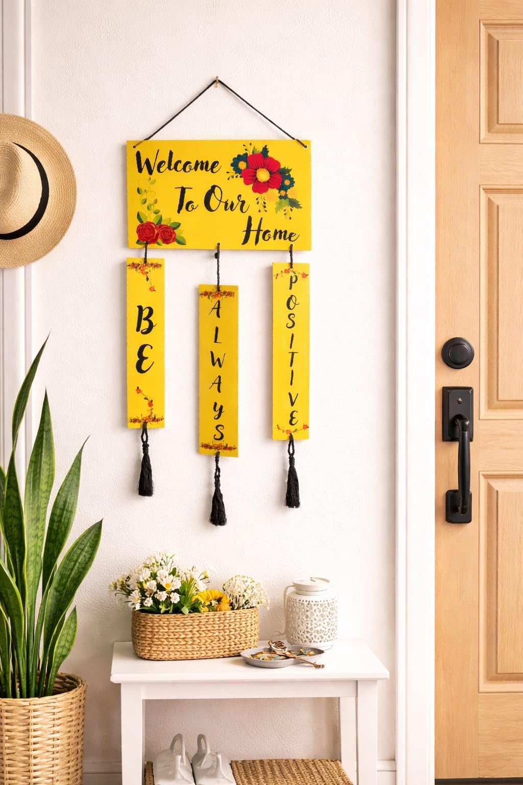 Welcome to Our Home Wall Hanging Sign, Yellow Floral Decorative Door Plaque with Be Always Positive Tassels, Handcrafted Wooden Home Decor for Living Room Entryway