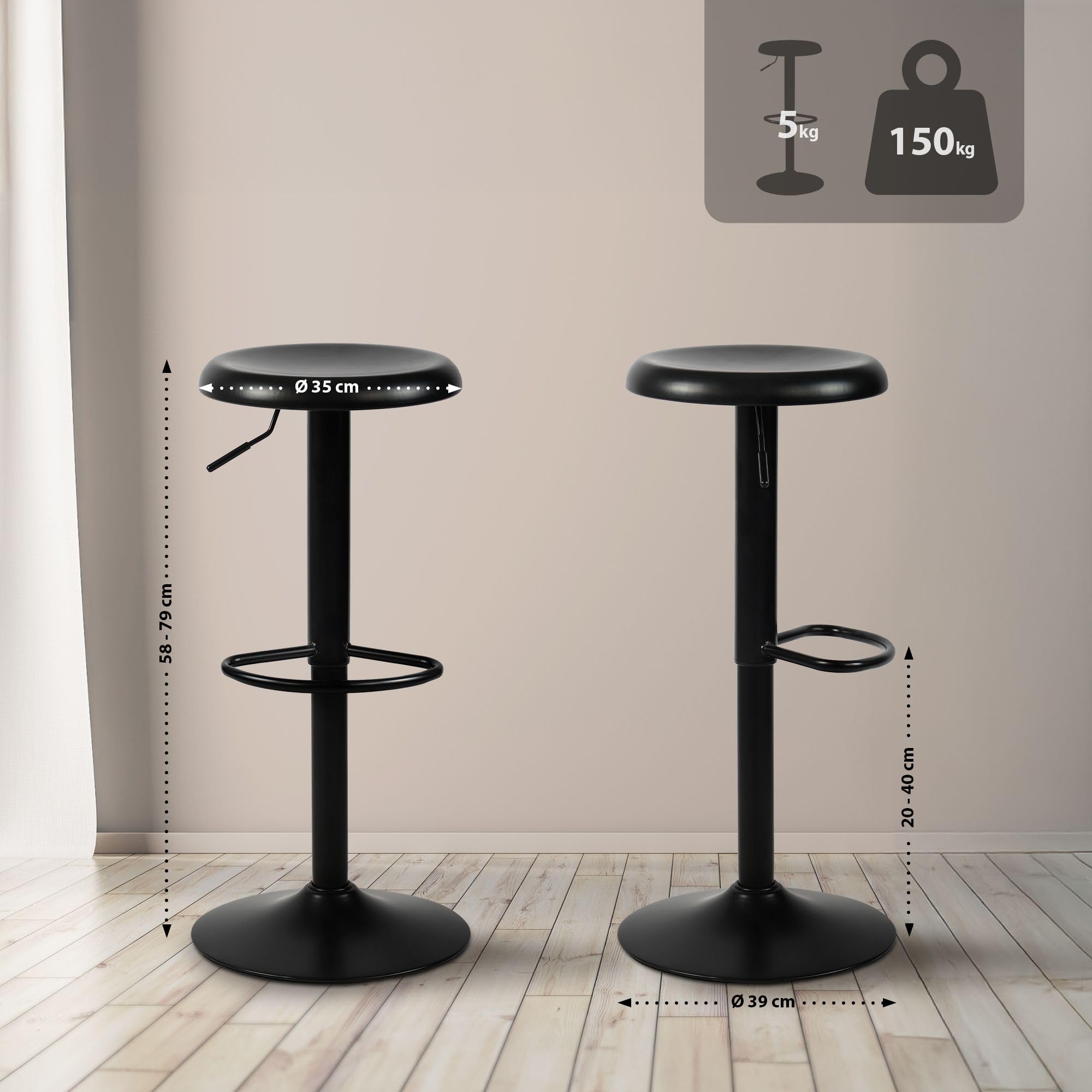 CLP Lot de 2 tabourets de Bar réglables Williston, pivotants avec Repose-Pieds, sans Dossier, Structure en métal, Couleur:Noir