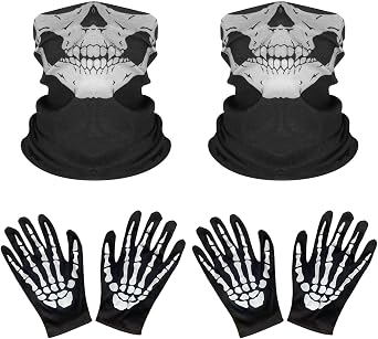 2 Set Halloween Skeleton Gloves and Skull Face Mask Half Ghost Bones for Adult Hallowmas Cosplay Dance Costume Party