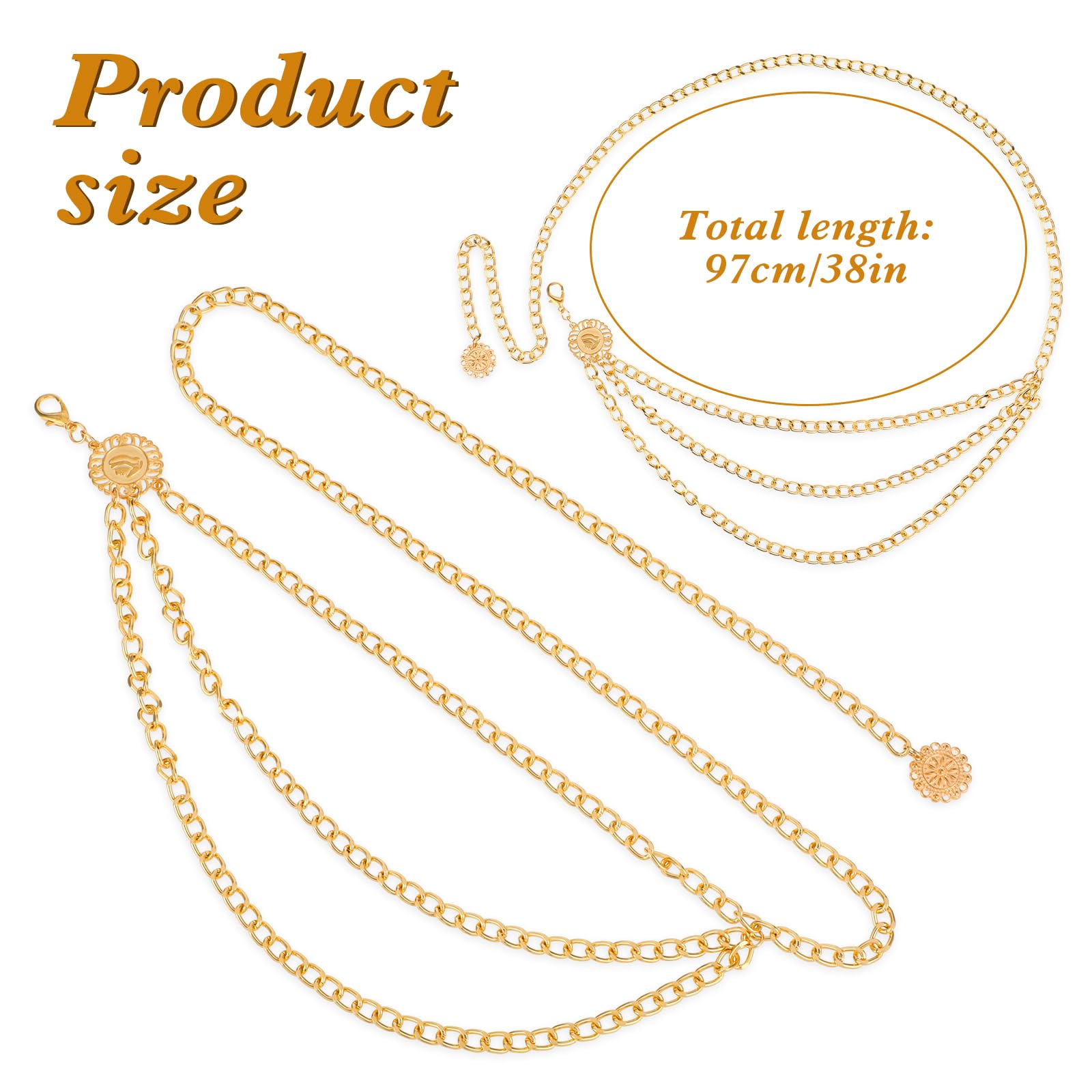 JIEYAO Cinturón de cadena de metal multicapa para mujer, cinturón de metal para vestidos, cadena de vientre ajustable, cinturón largo para pantalones vaqueros