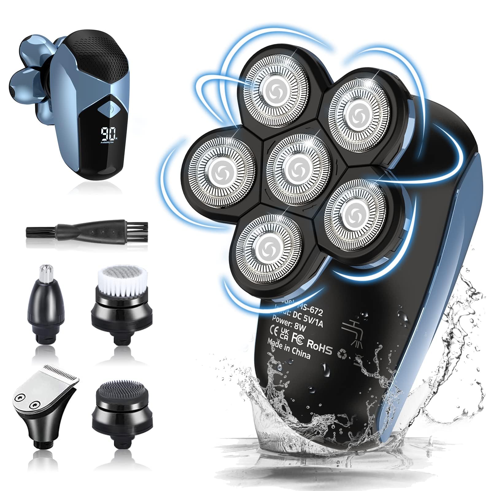 Afeitadora Cabeza Hombre SuperUvistare, Afeitadora Electrica IPX7 Impermeables, Maquina de Afeitar Hombres Calvos Barba, Afeitado en Seco y Húmedo, Recargable Puerto USB-C