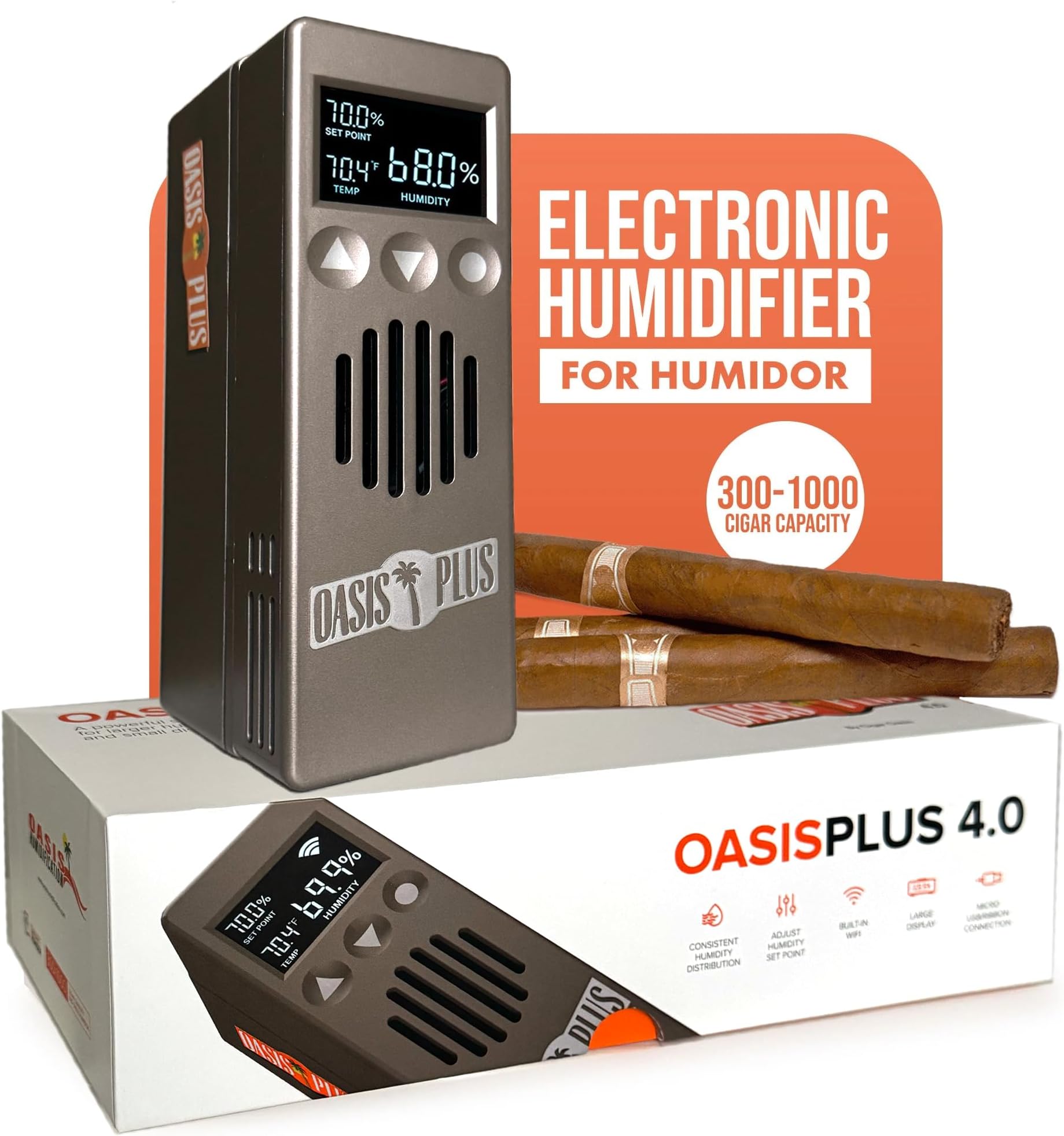 Oasis Plus 4.0 - Advanced Electronic Humidifier - LCD Display, Sensor Fan, Soft-Touch Button - 300-1000 Capacity - Refill Cartridge, Vapor Technology, Accessory Kit
