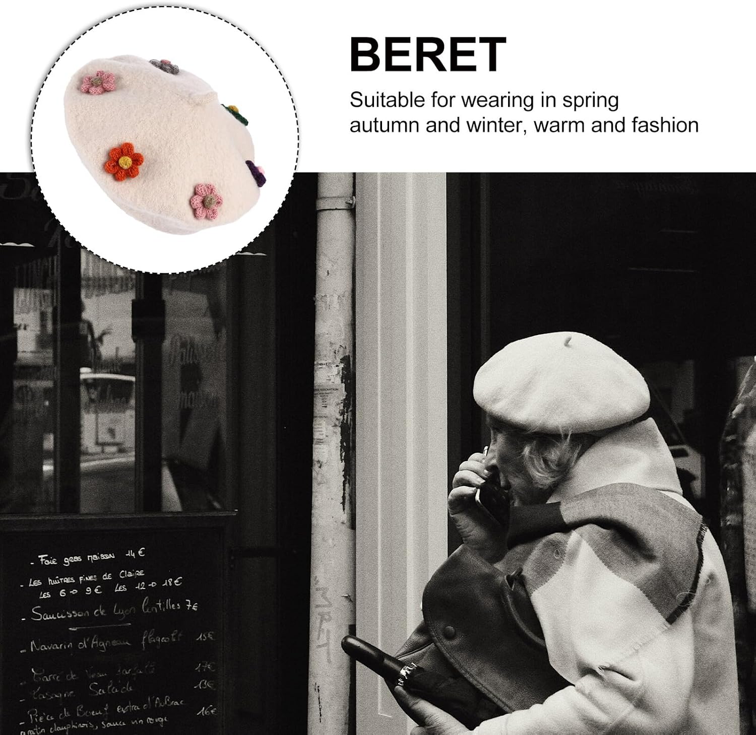 GLEAVI Woollen Flower Beret Hat, Warm Woolen Painter Beanie Cap, Autumn Winter ’ Fashion Hat, Beige Color with Random Flower Decoration, ’s Cozy Headwear