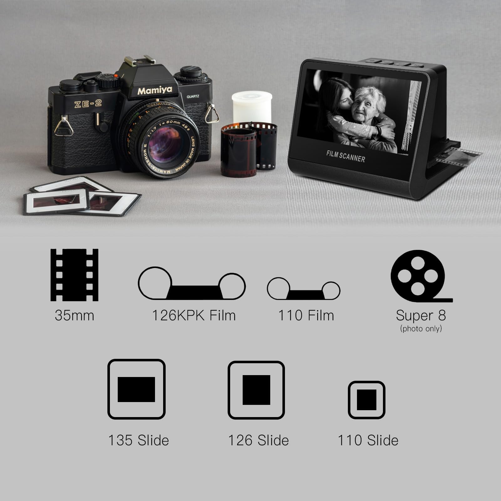 Scanner de film et de diapositives de 22 MP avec écran LCD de 5 pouces, scanner de film numérique tout-en-un, mémoire de 16 Go intégrée, convertit les diapositives négatives en noir et W/135/110/126