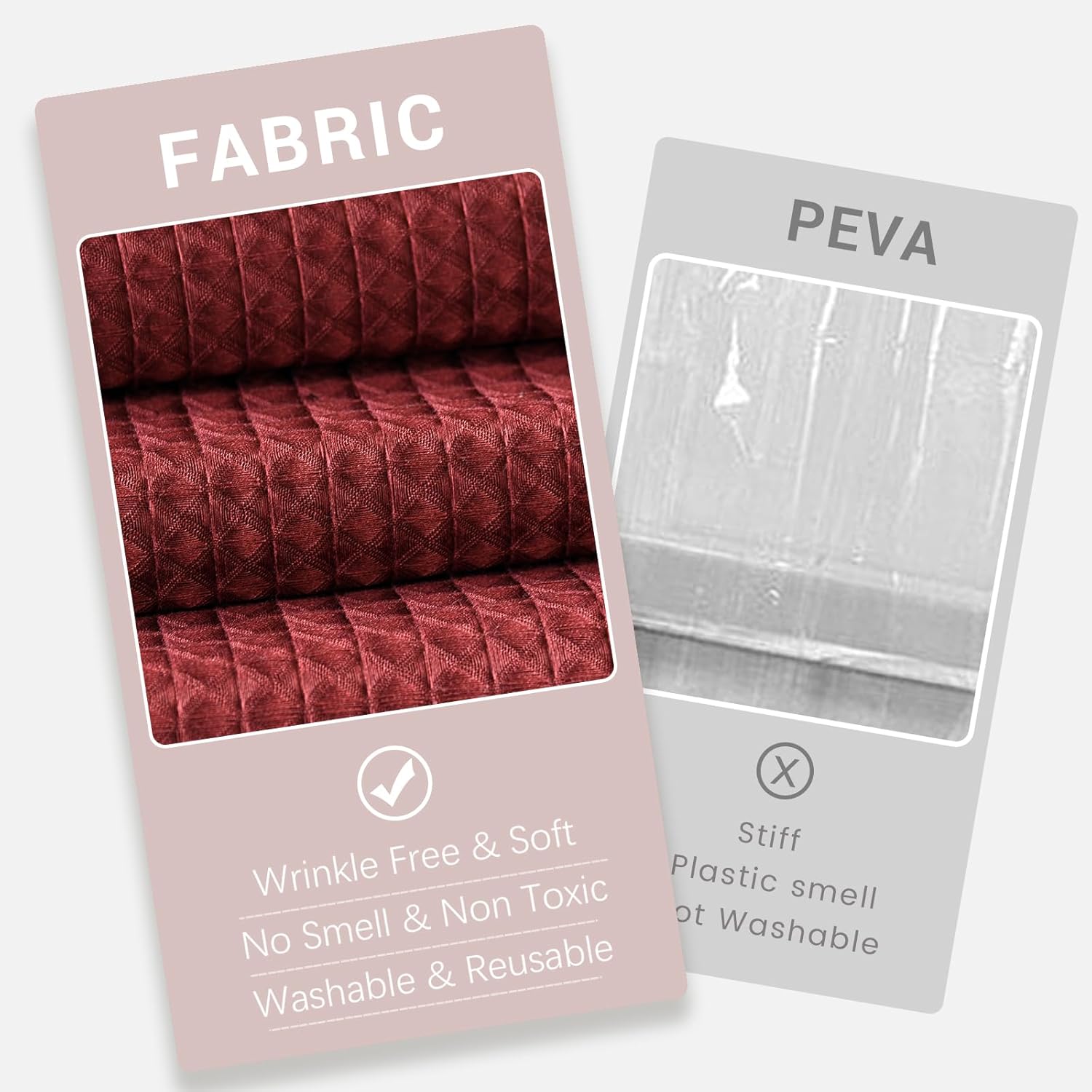 VIUOON No Hook Shower Curtain Set with Snap in Fabric Liner,250GSM Waffle Weave Wine Red Hotel Grade Bath Shower Curtain - See Through Top Window, Waterproof & Washable, 71W x 74H