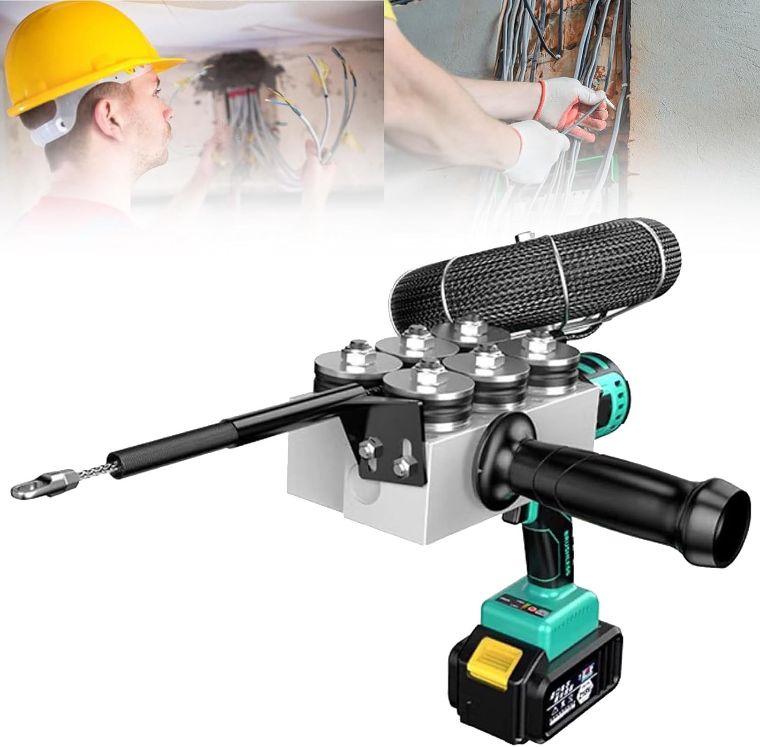Portable Electric Fish Tape and Pipe Threader - Auto Wire Threading Machine for Wall Electrical Installation in Construction and Hydropower Networks, Includes 2 Batteries