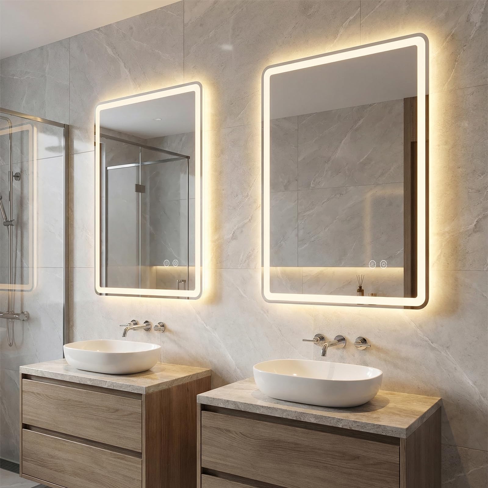 COSTWAY Specchio Bagno Rettangolare con Luce 80 x 60 cm | Speccho da Parete Retroilluminato Dimmerabile con 3 Colori di Illuminazione e Anti-Appannamento, Vetro Temperato Antiesplosio