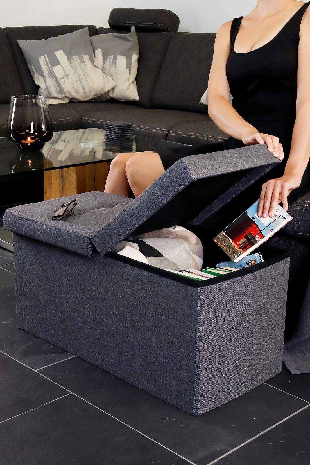 tavora Sgabello cassapanca pieghevole Panca con Contenitore con Coperchio a Cerniera 76x38x38 cm, in Lino Grigio | Panca contenitore stabile con rivestimento in lino, ampio spazio e coperchio a cerniera per soggiorno, ingresso o camera