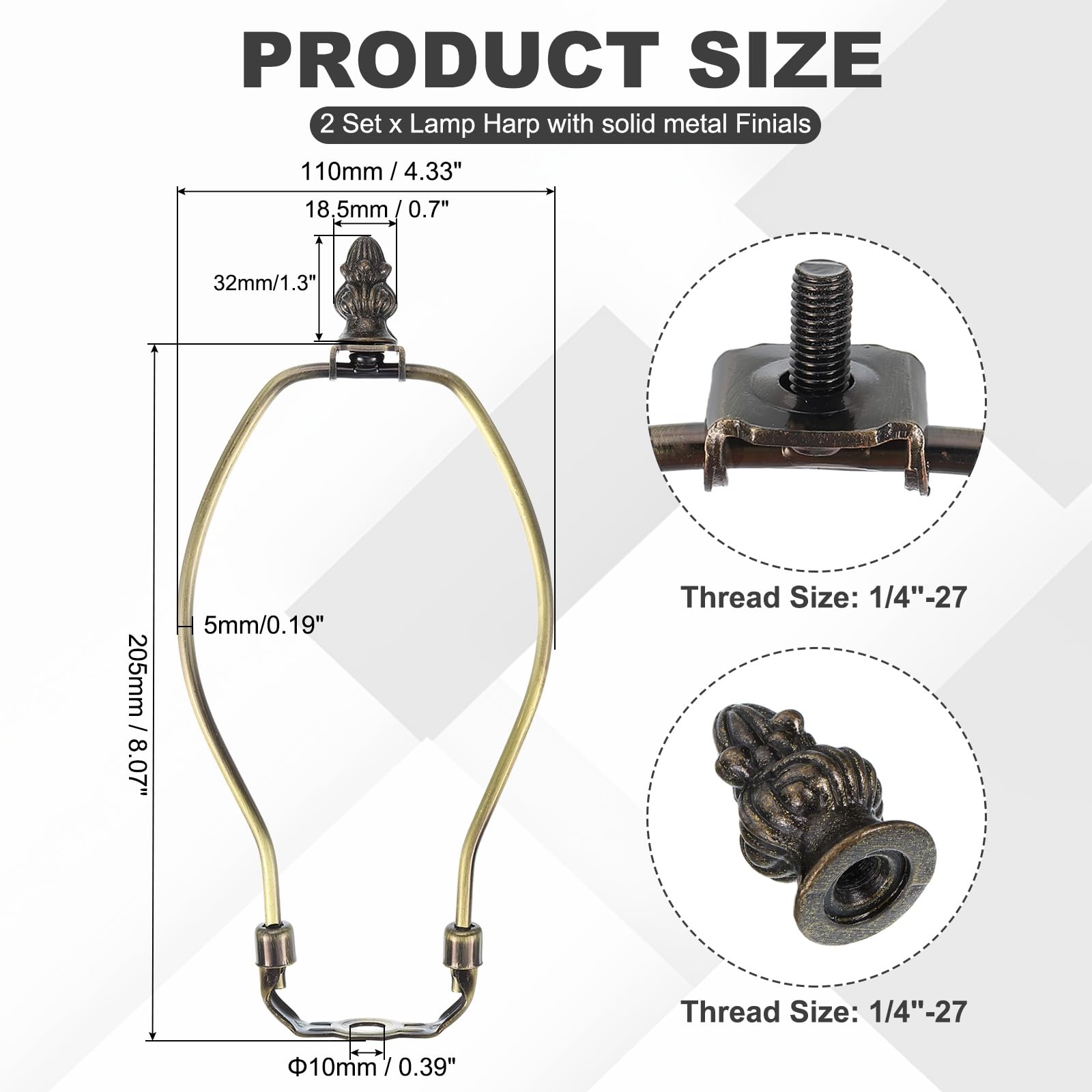 PATIKIL 8 Inch Lamp Harp Kit with 0.7" Tall Solid Zinc Alloy Finial - Image 3