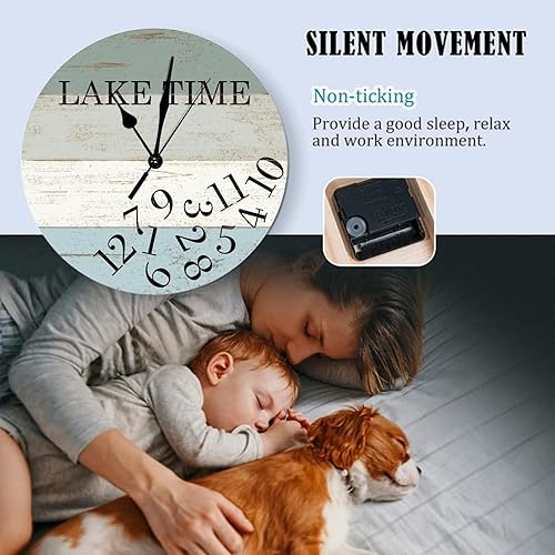 Miniatura 6 de Reloj de pared para dormitorio, reloj de madera Lake Time, funciona con pilas, reloj de pared sin tictac de 15 pulgadas, reloj redondo para baño al