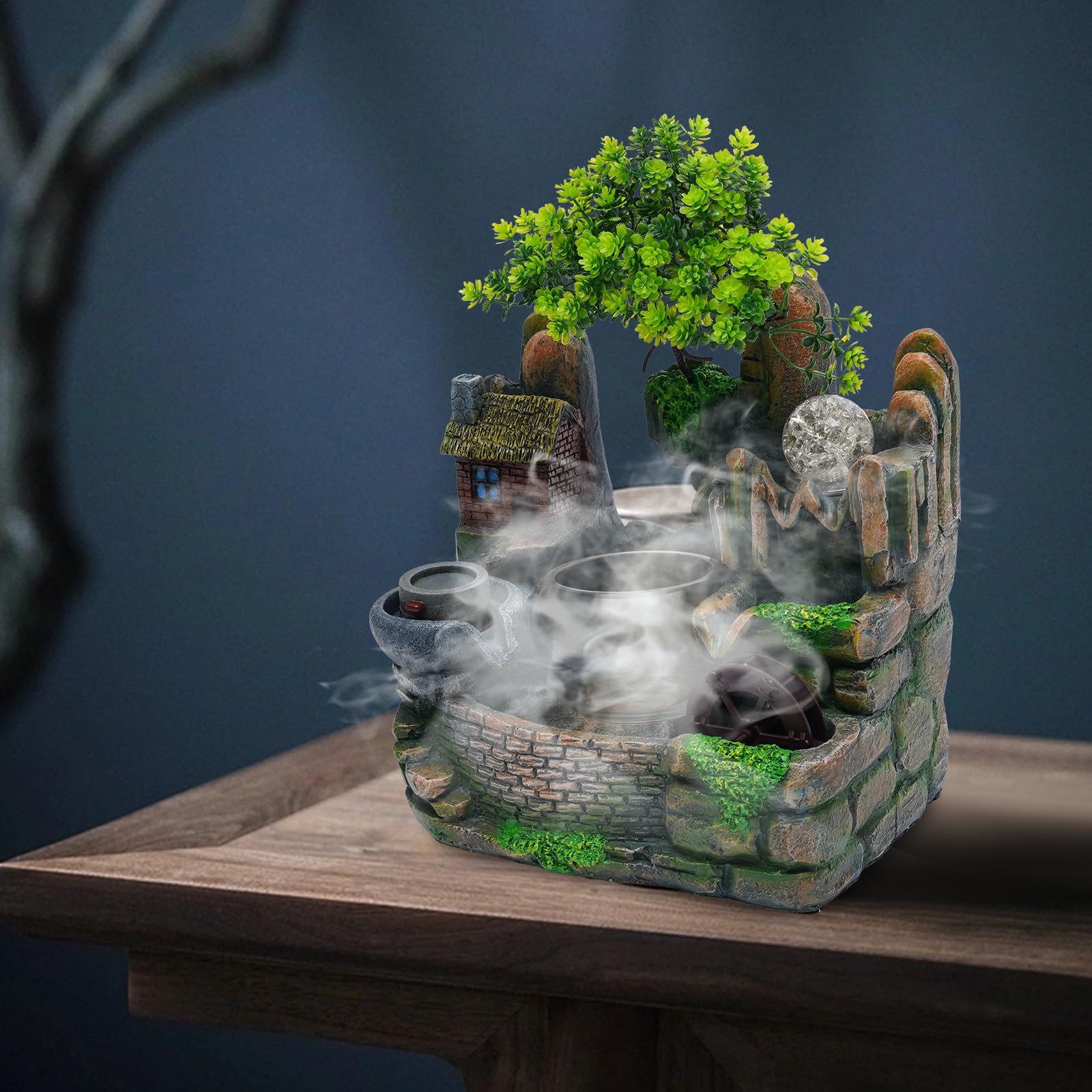 Fuente de habitación con iluminación y árbol decorativo, fuente de mesa LED para relajación Zen, decoración de salón, oficina, fuente silenciosa con humidificador, Feng Shui, fuente de agua