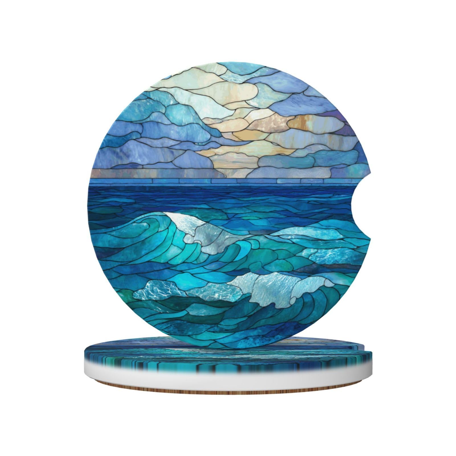 Stain Glass Bright Blue Ocean Scene Ceramic Coasters,2pcs