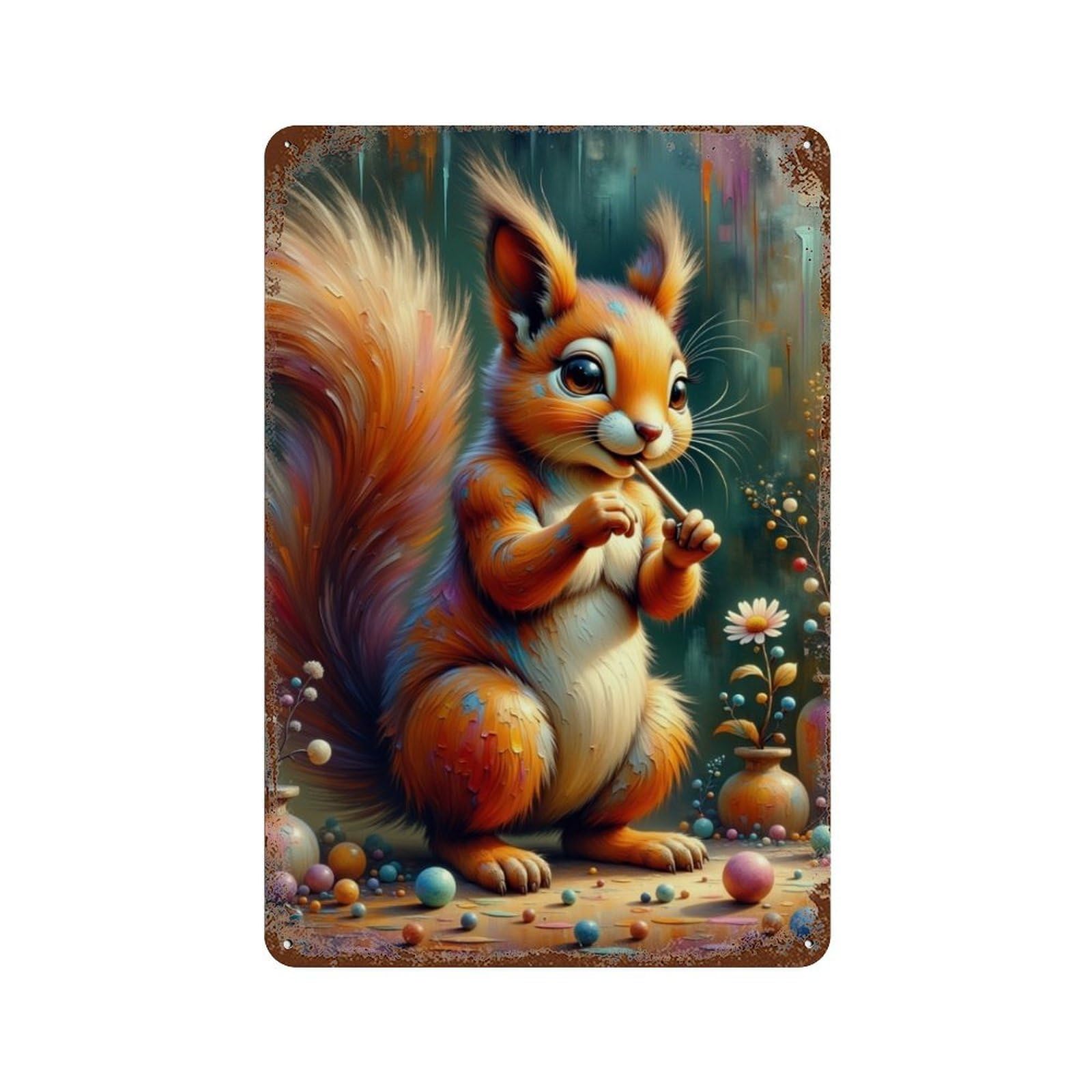 Vintage Rust Metal Sign with Colorful Squirrel Artwork Design 11.8"x7.9", for Shed, Workshop And Garage Wall Decor, Retro Wall Decor