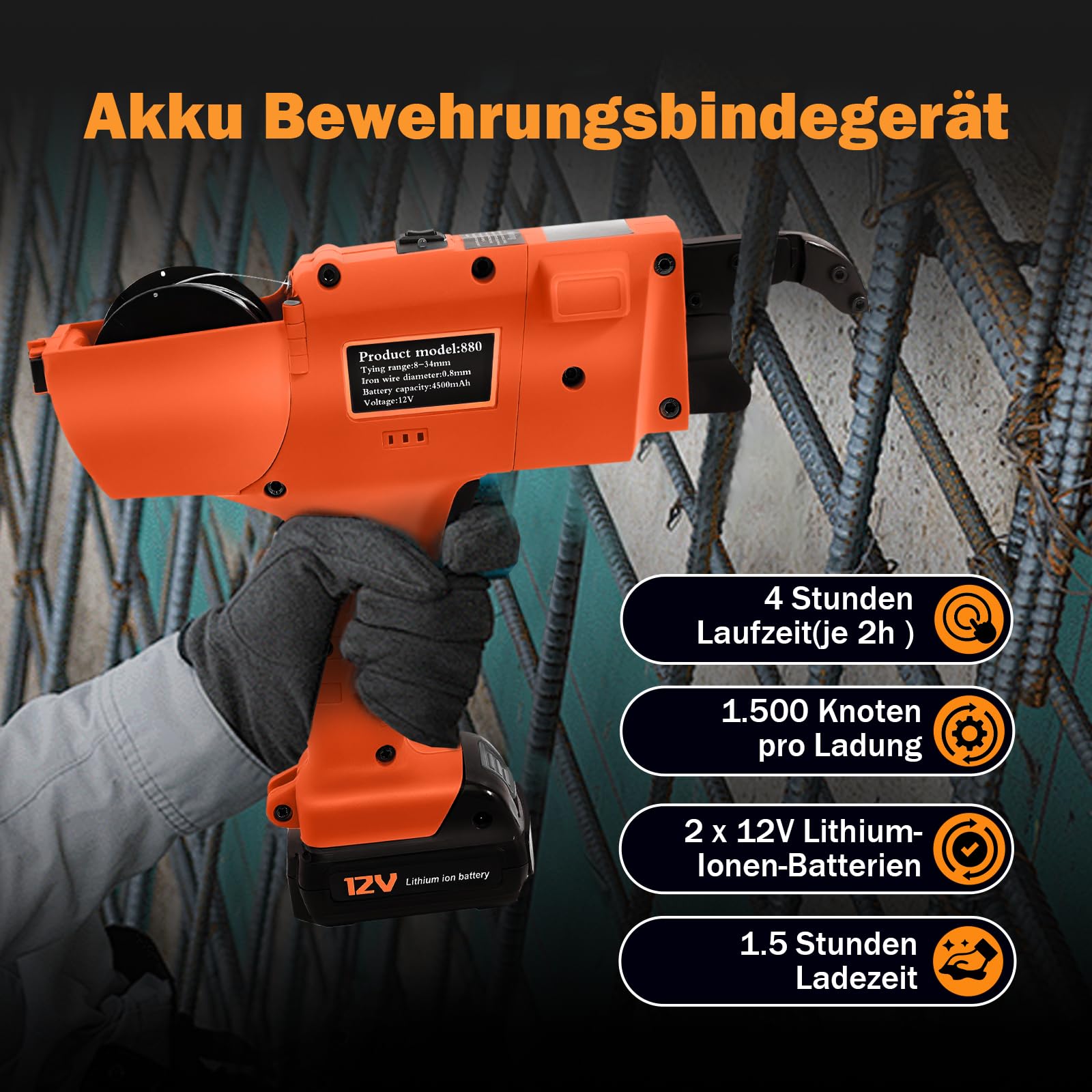 Akku Bewehrungsbindegerät für Φ8–34 mm Stahl, Drahtbindegerät 1500 Knoten pro Ladung, 0,8s Schnellbindung, inkl. 2×4500 mAh Akkus, 110m Bindedraht – Drahtbindemaschine für Baustellen, Tunnel