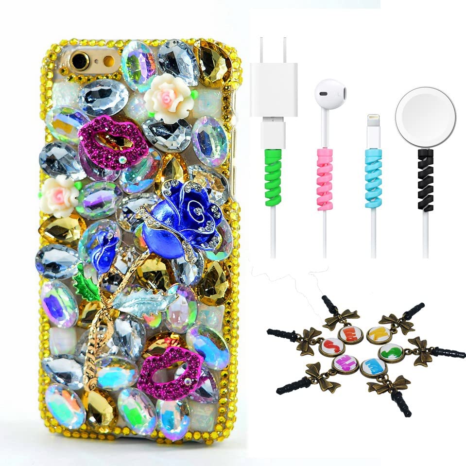 STENES Bling Phone Case Compatible with Bling Case Compatible iPhone 11 Pro - Stylish - 3D Handmade [Sparkle Series] Blue Rose Lips Flowers Design Cover with Cable Protector [4 Pack] - Gold