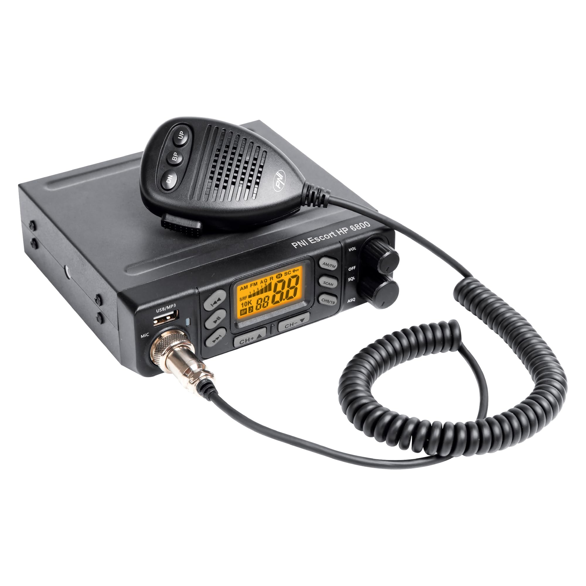 Emettitore radio CB PNI Escort 6800 ASQ, 12/24 V, lettore MP3, connettore USB, 4 W, Am-FM, spina per accendisigari inclusa