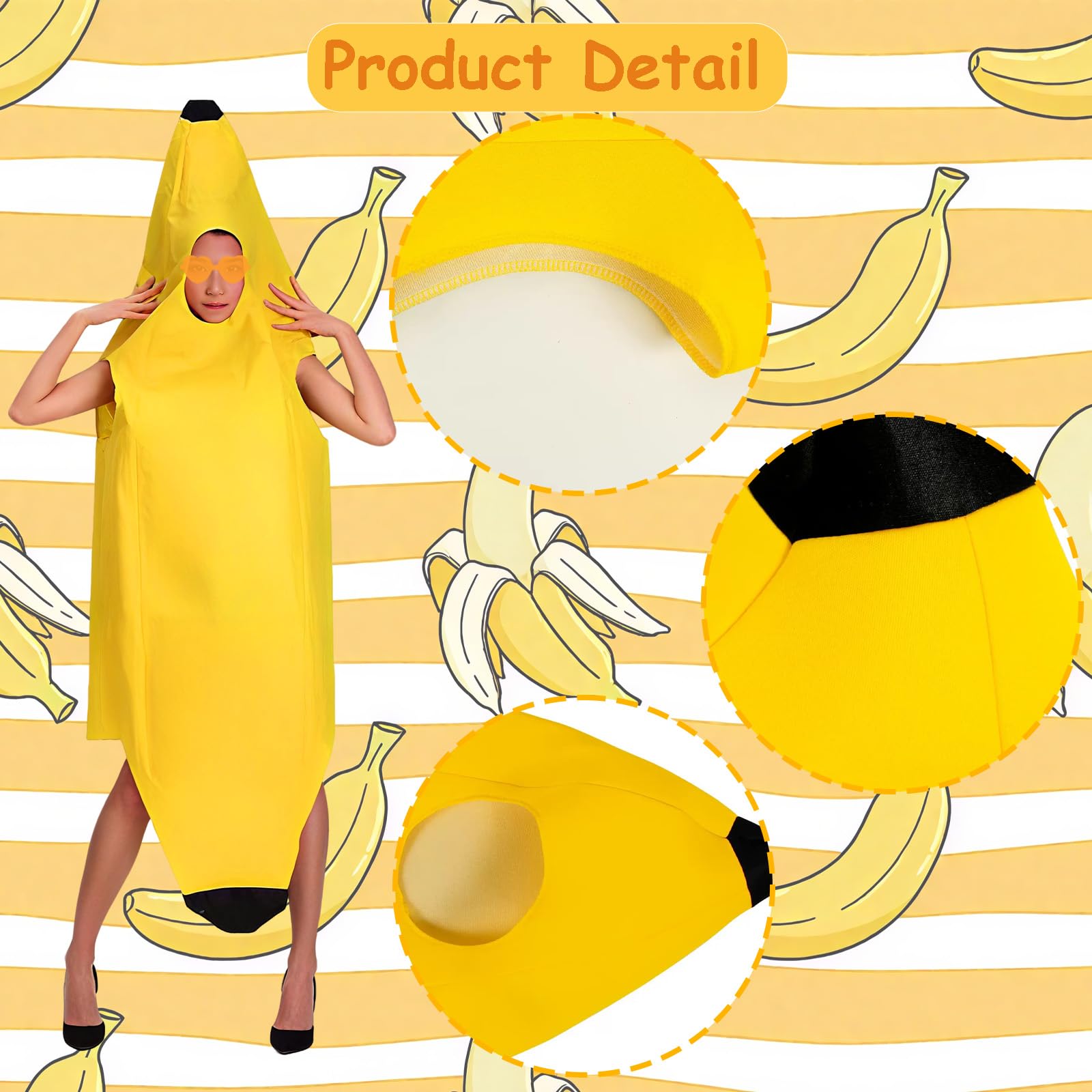 WanderGo Adult Banana Costume Fancy Dress Outfit, Yellow Banana Jumpsuit with Yellow Glasses - Image 4