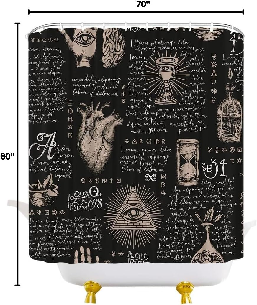 Black Retro Shower Curtain Witchcraft Wizard Divination Black Alchemy Bat Skull Mystic Eye Gothic Halloween Bathroom Bathtub Decorative Curtains with Hooks