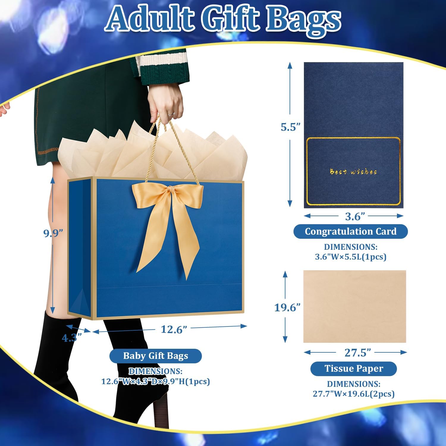 1PCS Dark Blue Gift Bag with Ribbon and 2 Tissue Paper 1 Greeting Card, Large Portable Paper Gift Bags with Handles, Paper Bags for Retail, Party, Shopping, Favor, Wedding Party Mothers Day, Birthday Gift Bags - Image 2