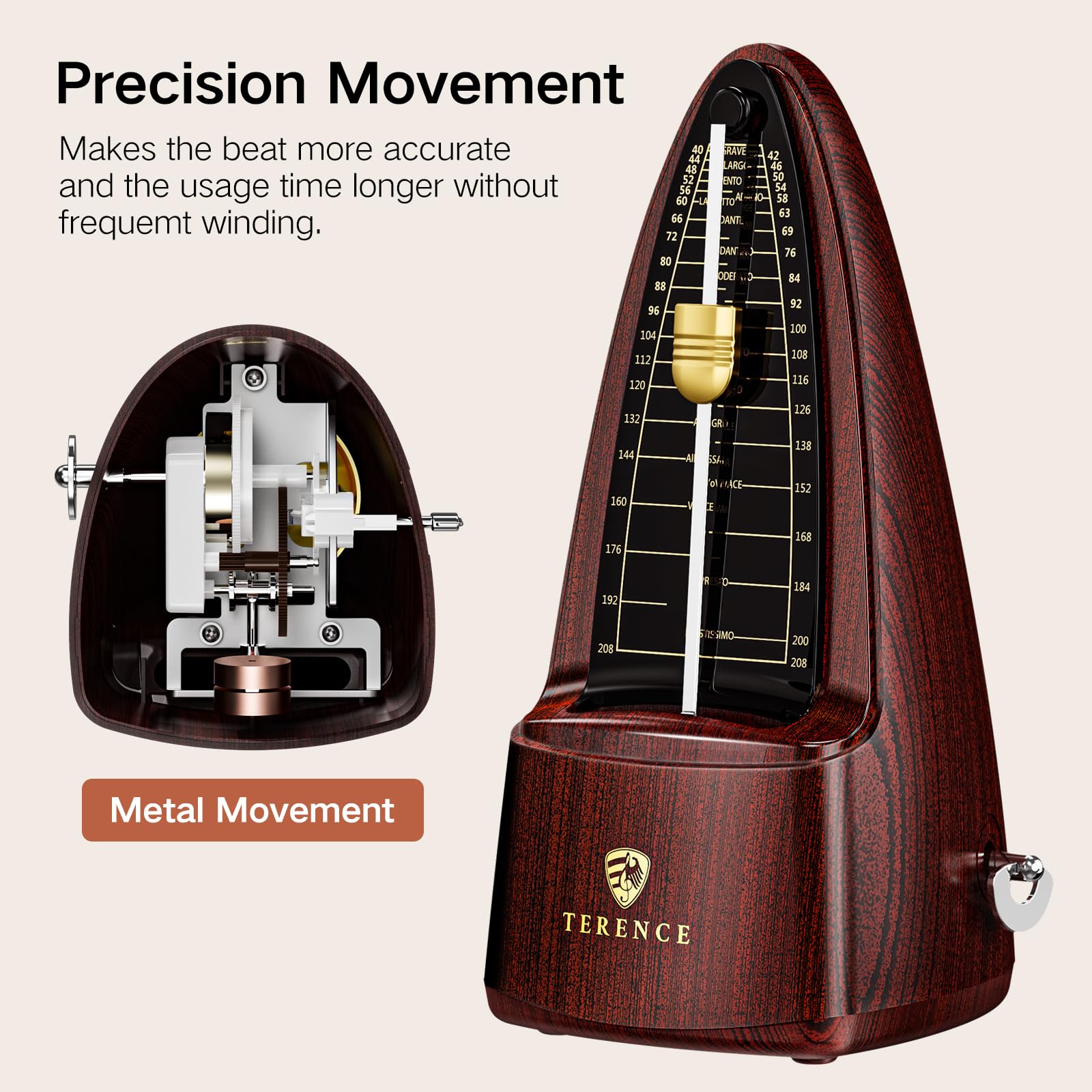 Metrónomo TERENCE Metrónomo mecánico de alta precisión con campana acentuada, tiempo preciso, duradero para piano, violín, batería, bajo, guitarra, adecuado como regalo color nuez