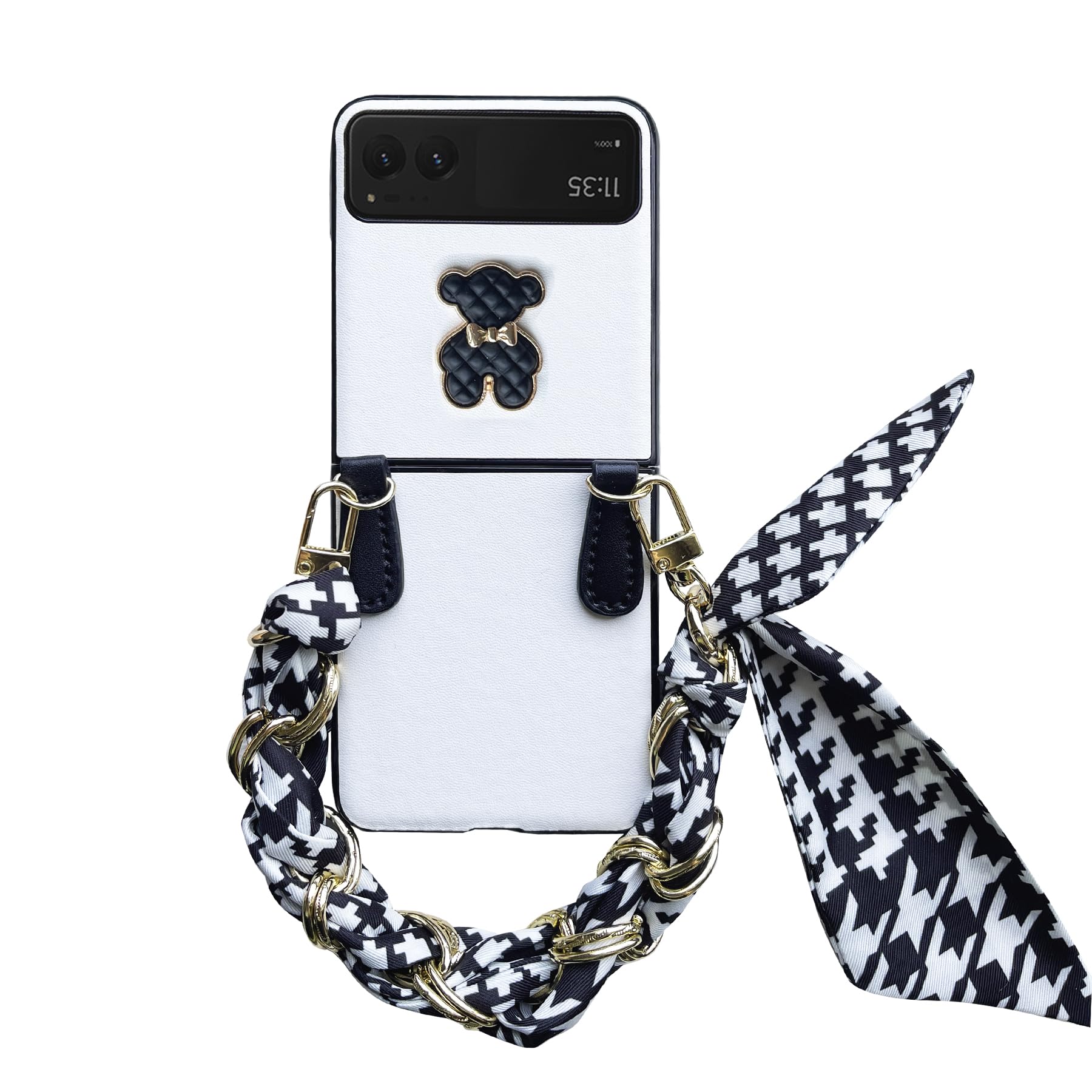 Yohulod for Motorola Razr 2023 Case, Cute Bear Design White Razr 2023 Phone Case with Two Chains for Women Girls Slim Shockproof Phone Case for Moto Razr 2023