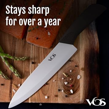 Vos Ceramic Chef Knife 8 Inch with Protection Cover Large Ceramic Kitchen Knife for Slicing, Dicing, and Fruits Lightweight Zirconia Blade Luxury Gift Packaging Ultra Sharp Chefs Knife (Black)