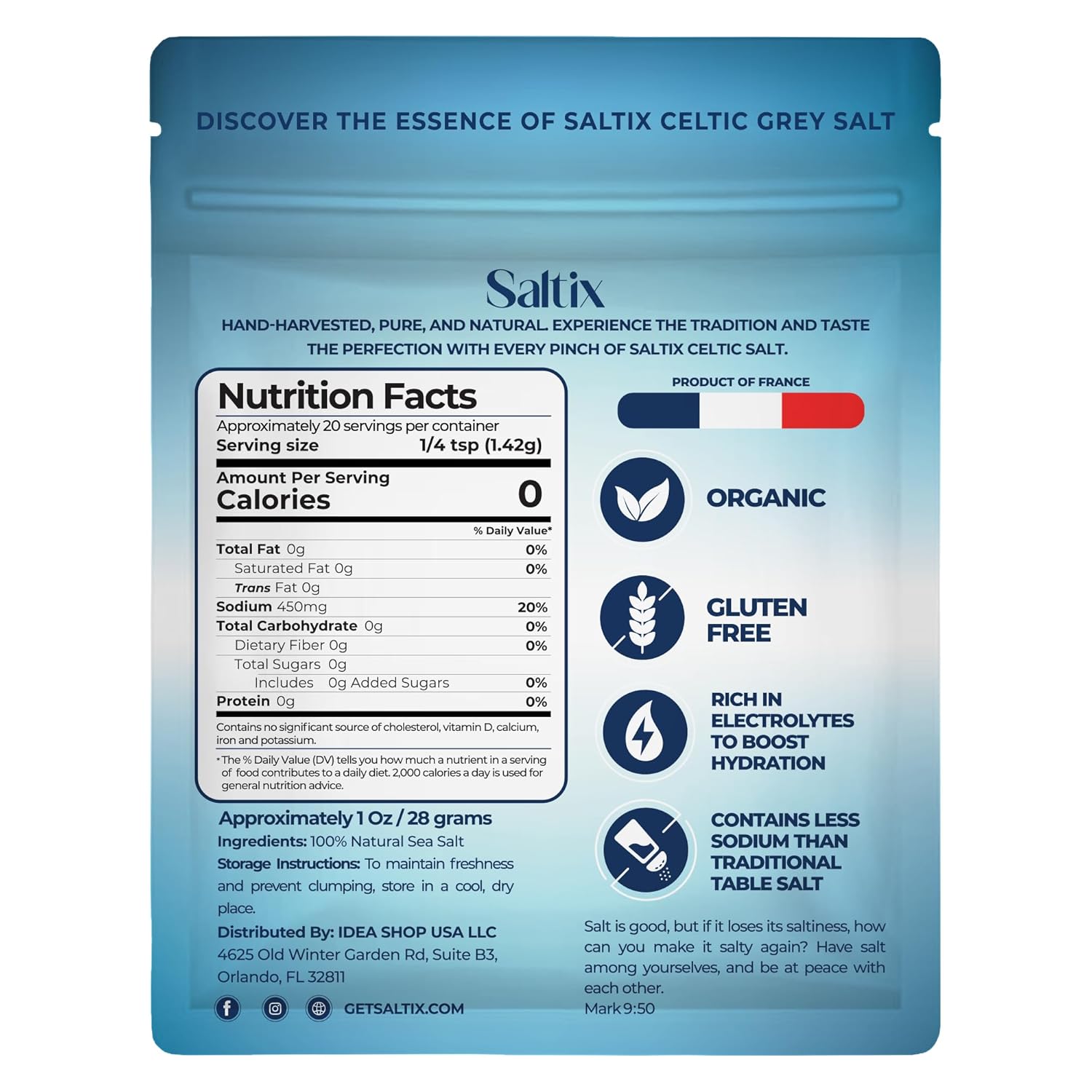Saltix Celtic Grey Coarse Sea Salt On-The-Go 20 Packs Resealable Bag (1 oz ~20 Servings Each) 100% Natural, Unrefined French Sel Gris, 82+ Trace Minerals, Electrolytes, Perfect for Cooking & Finishing