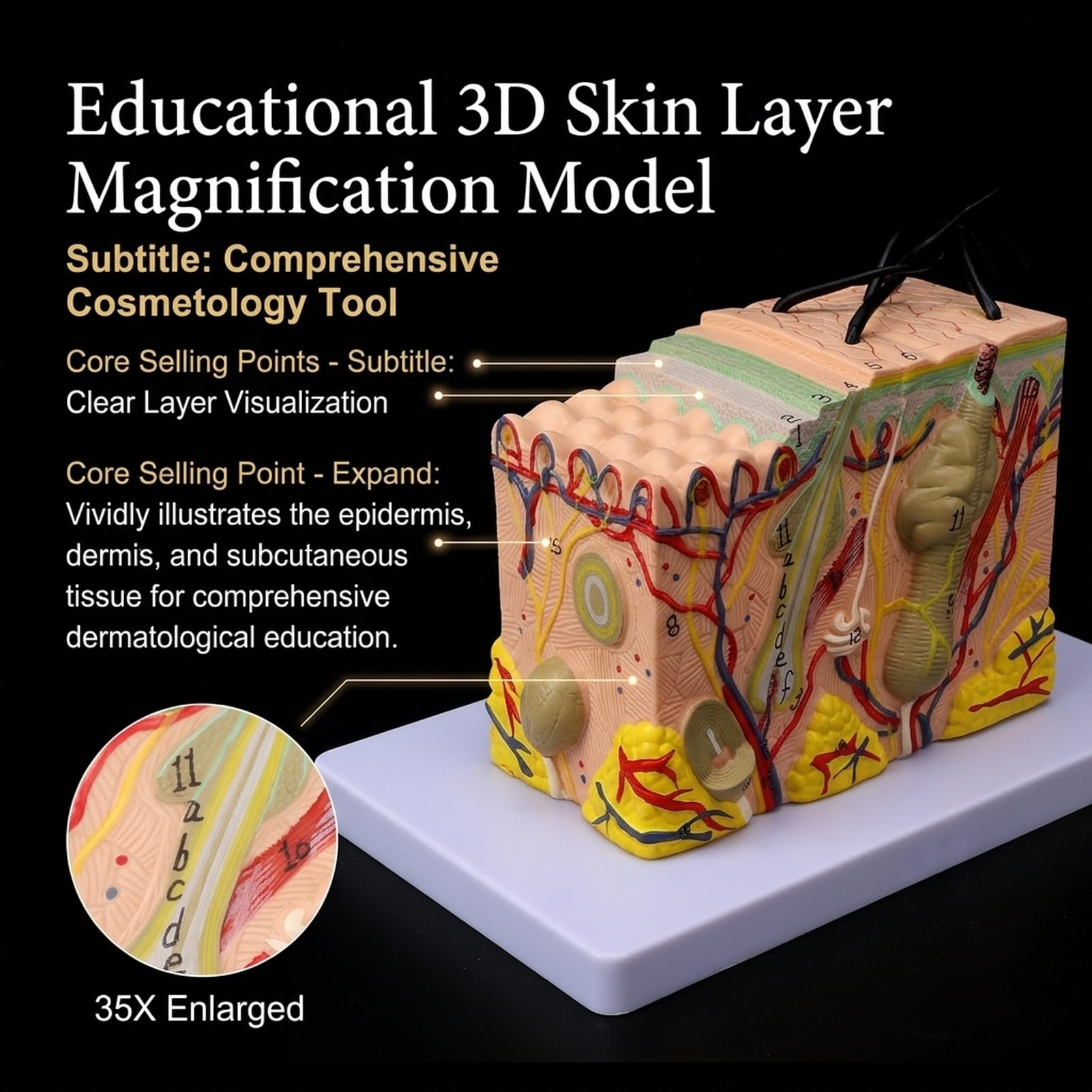 ZenithAur Moo di pelle, moo anatomico a pelle allargato 35x Moo di struttura a pelle umana con strati di pelle 3D dettagliati per l'educazione scientifica e la visualizzazione