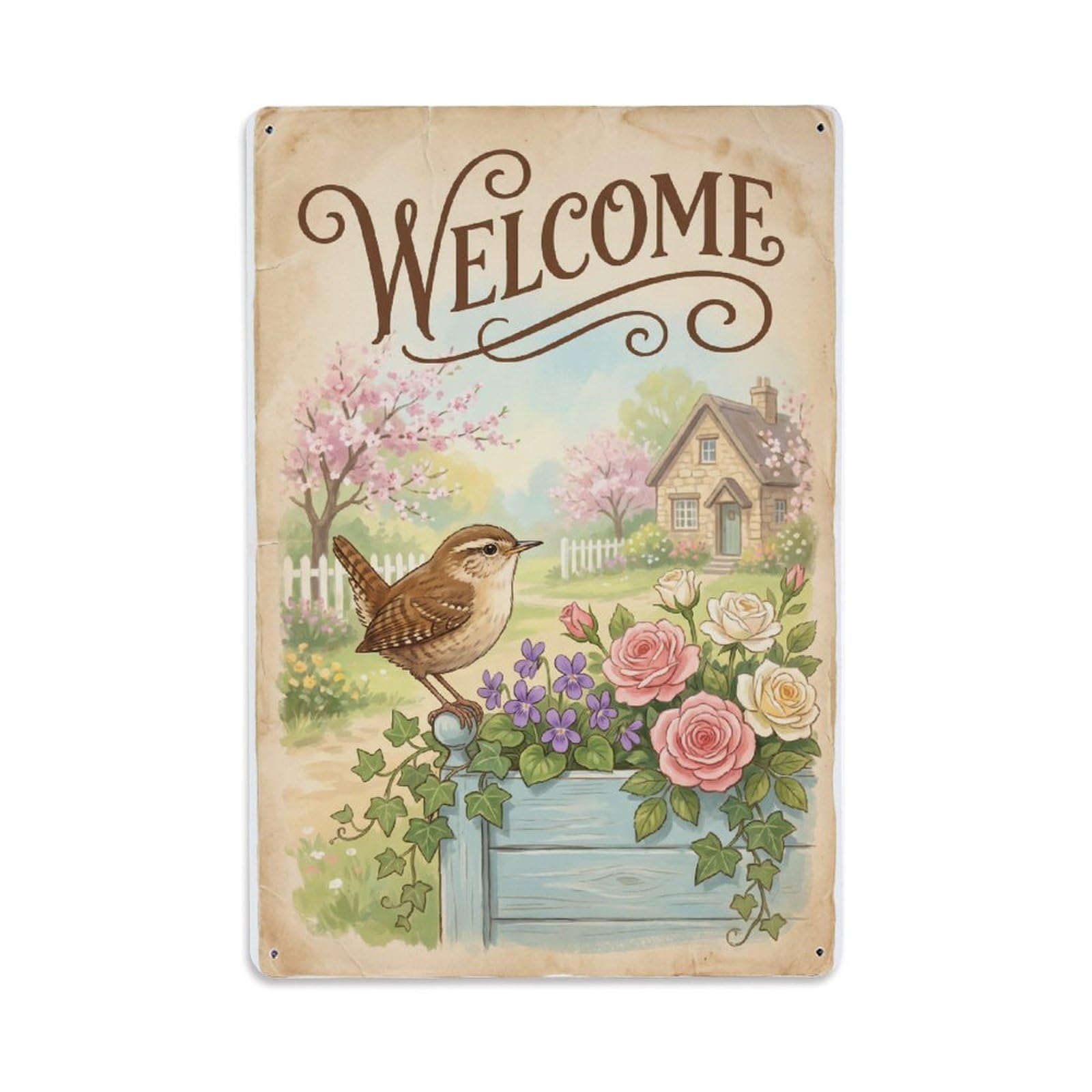 Cxhjca 8X12inch(20X30cm) Vintage Welcome Wren Garden Party Metal Tin Sign